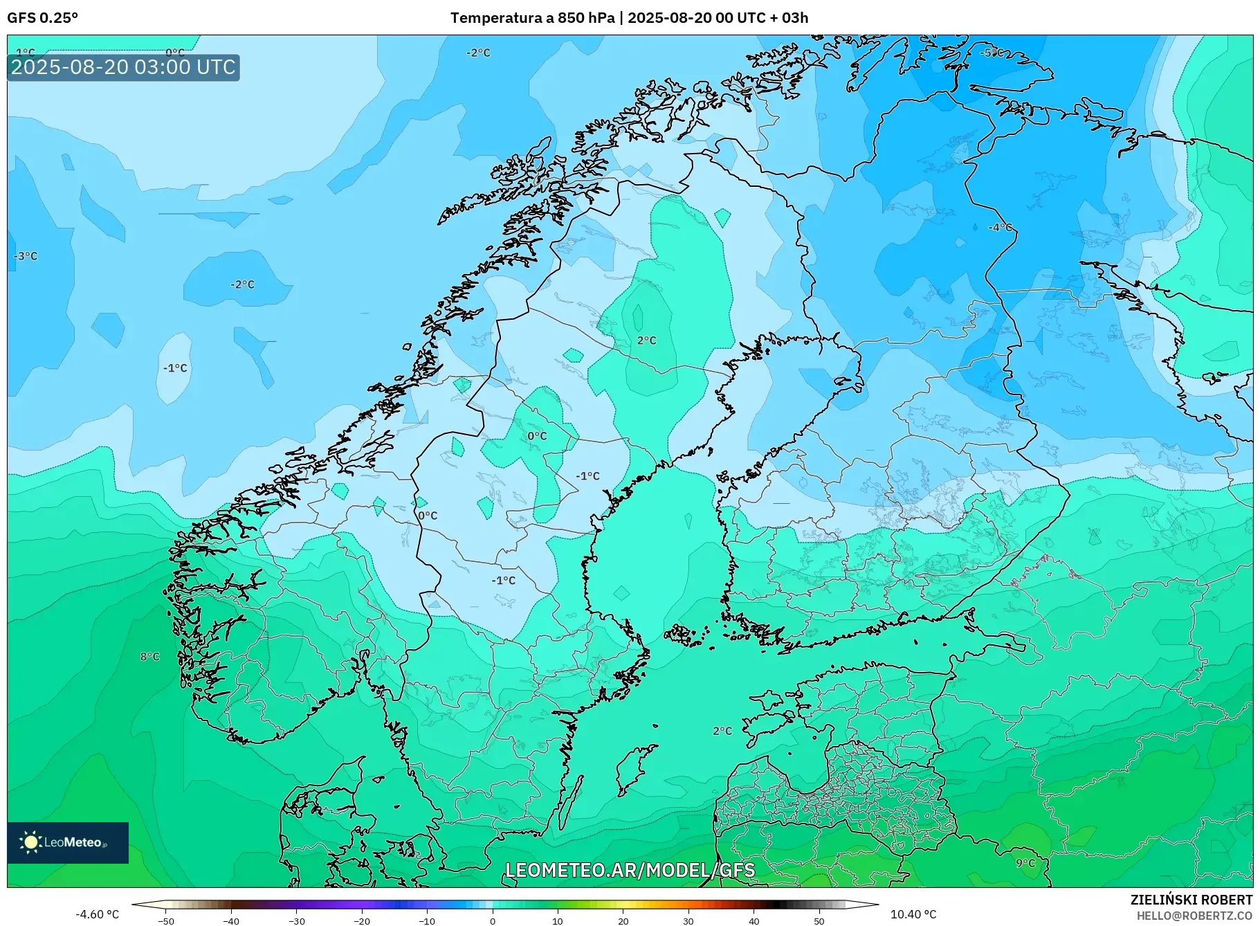 GFS model - Escandinavia, Temperatura a 850 hPa
