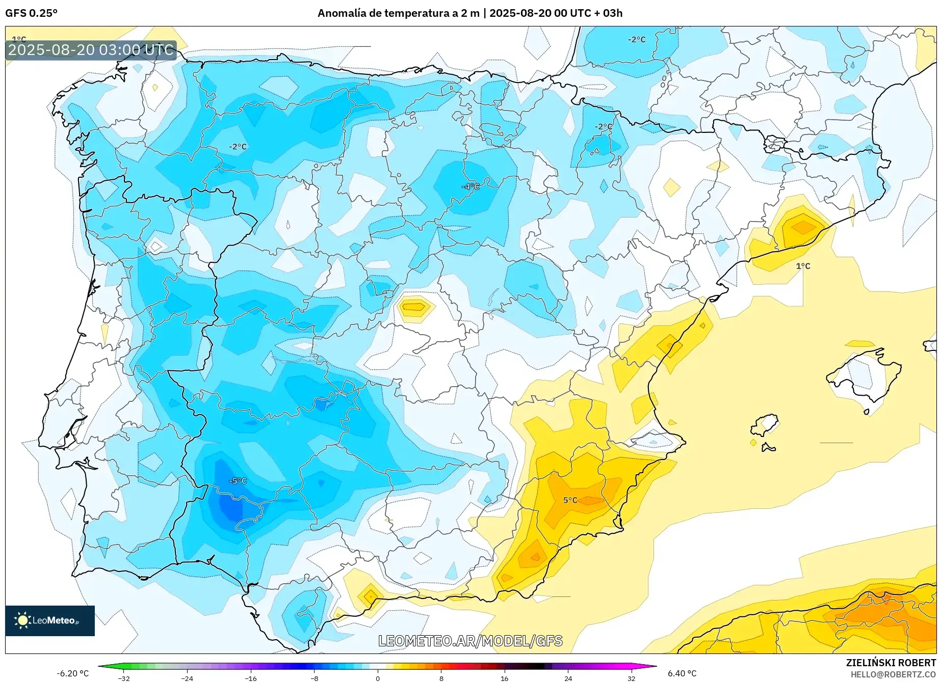 GFS model - España, Anomalía de temperatura a 2 m