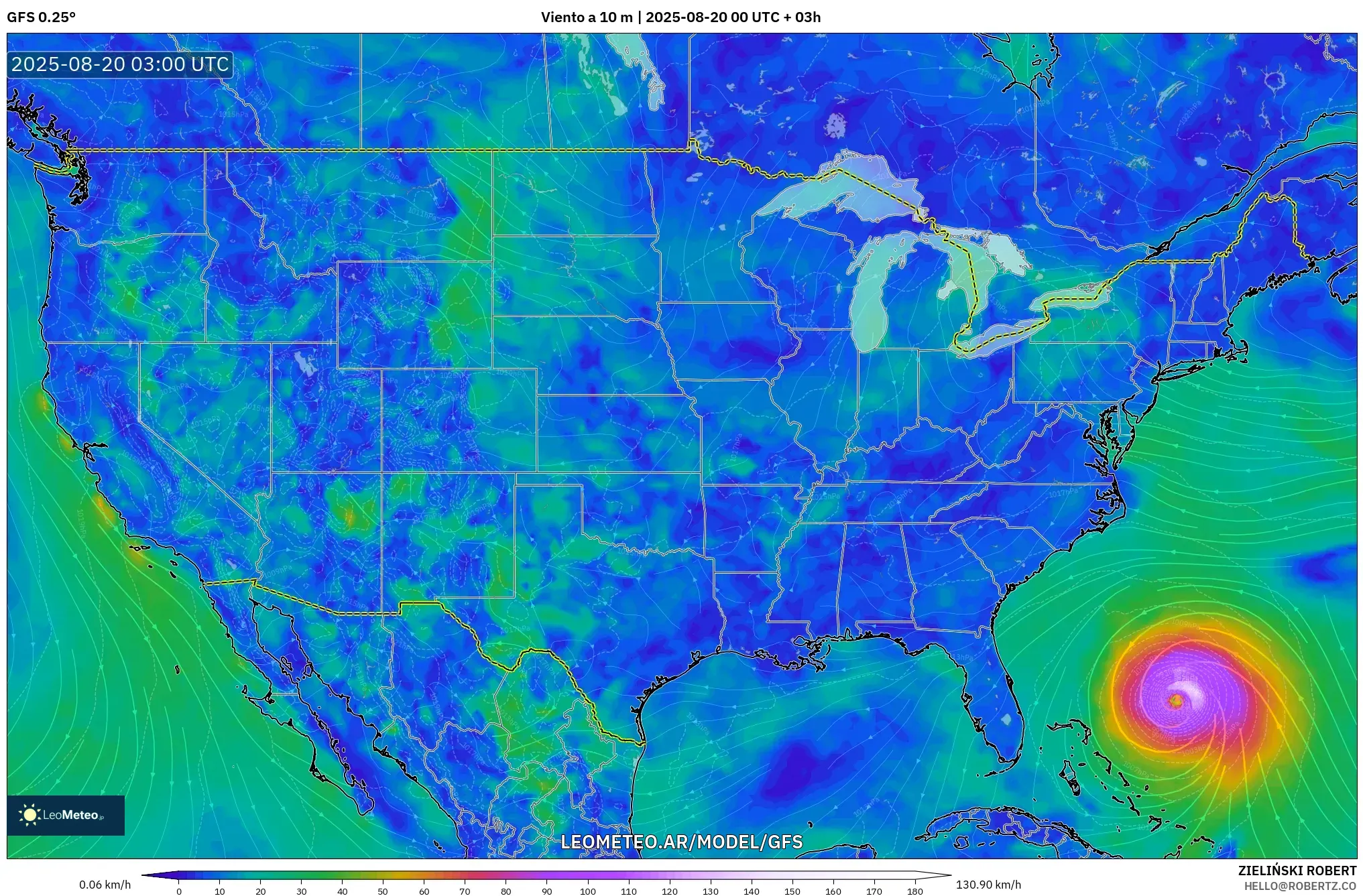 GFS model - Estados Unidos, Viento a 10 m