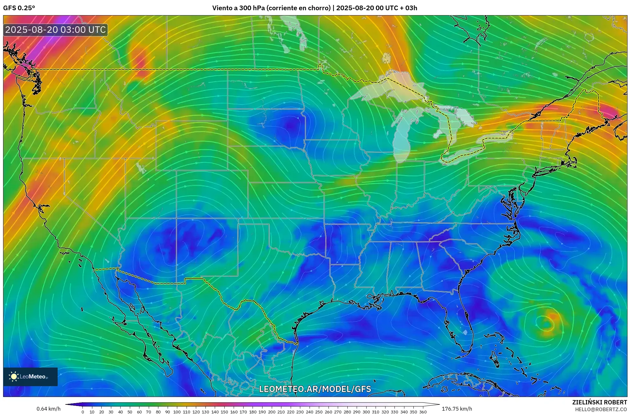 GFS model - Estados Unidos, Viento a 300 hPa (corriente en chorro)
