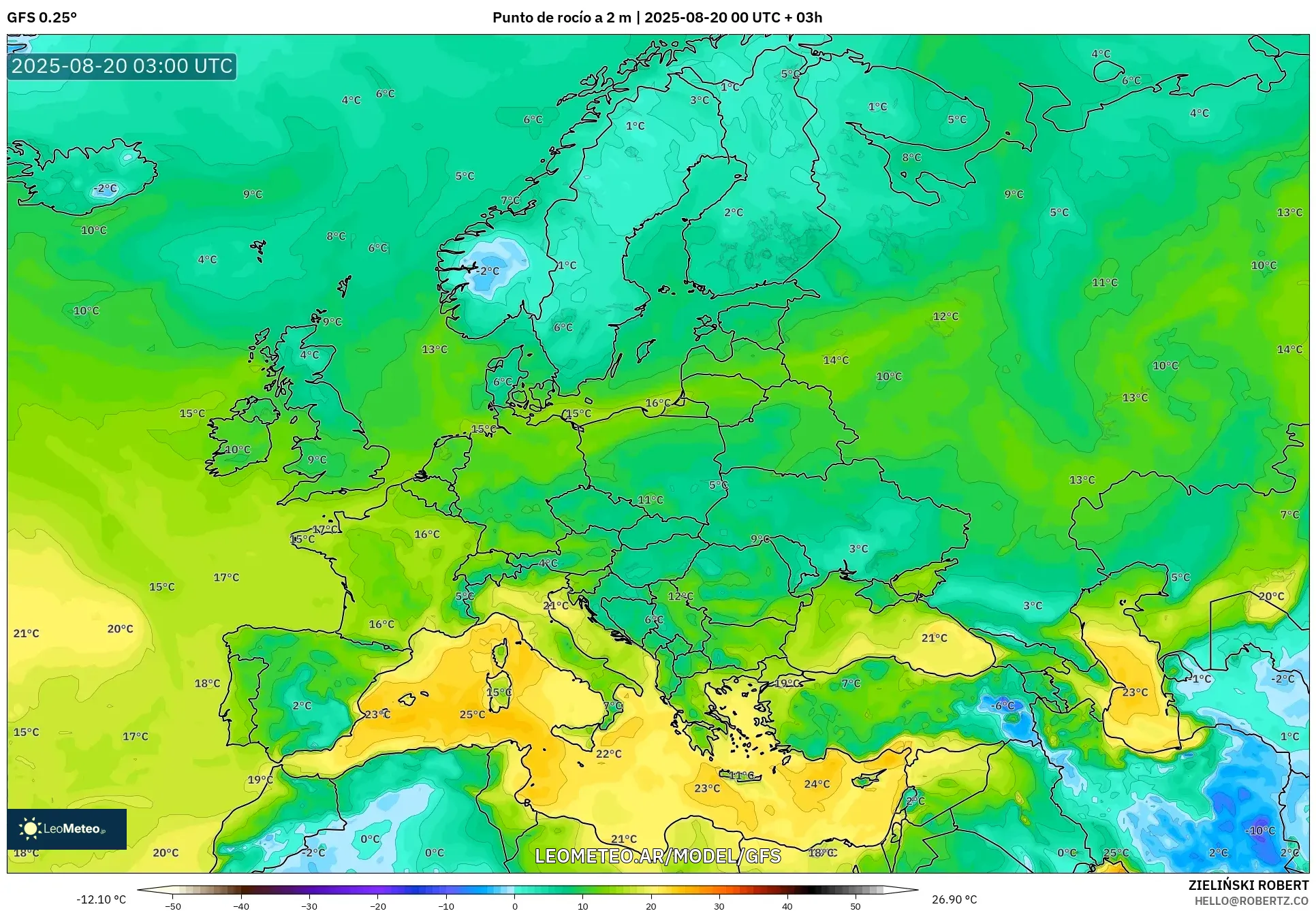 GFS model - Europa, Punto de rocío a 2 m