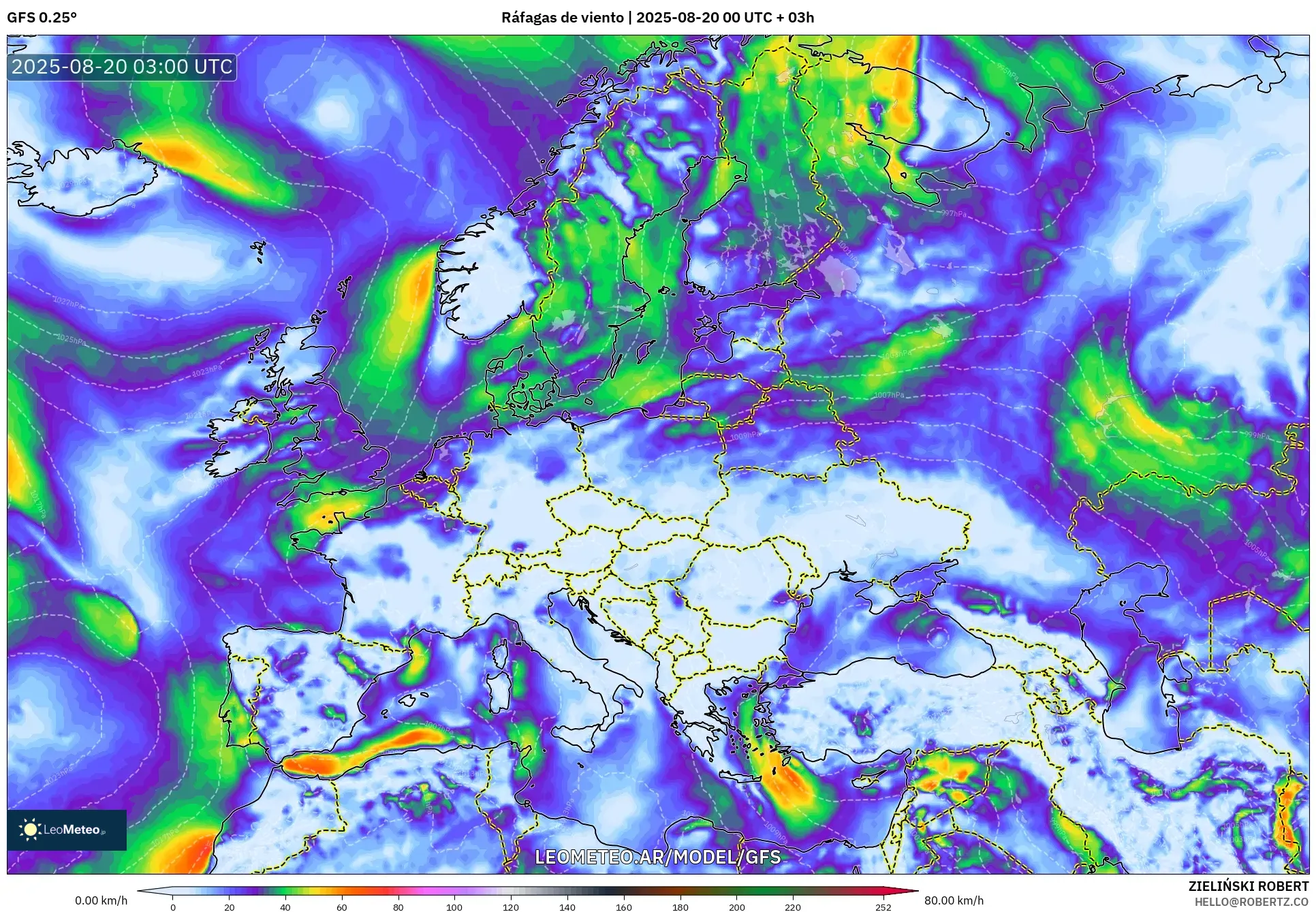 GFS model - Europa, Ráfagas de viento