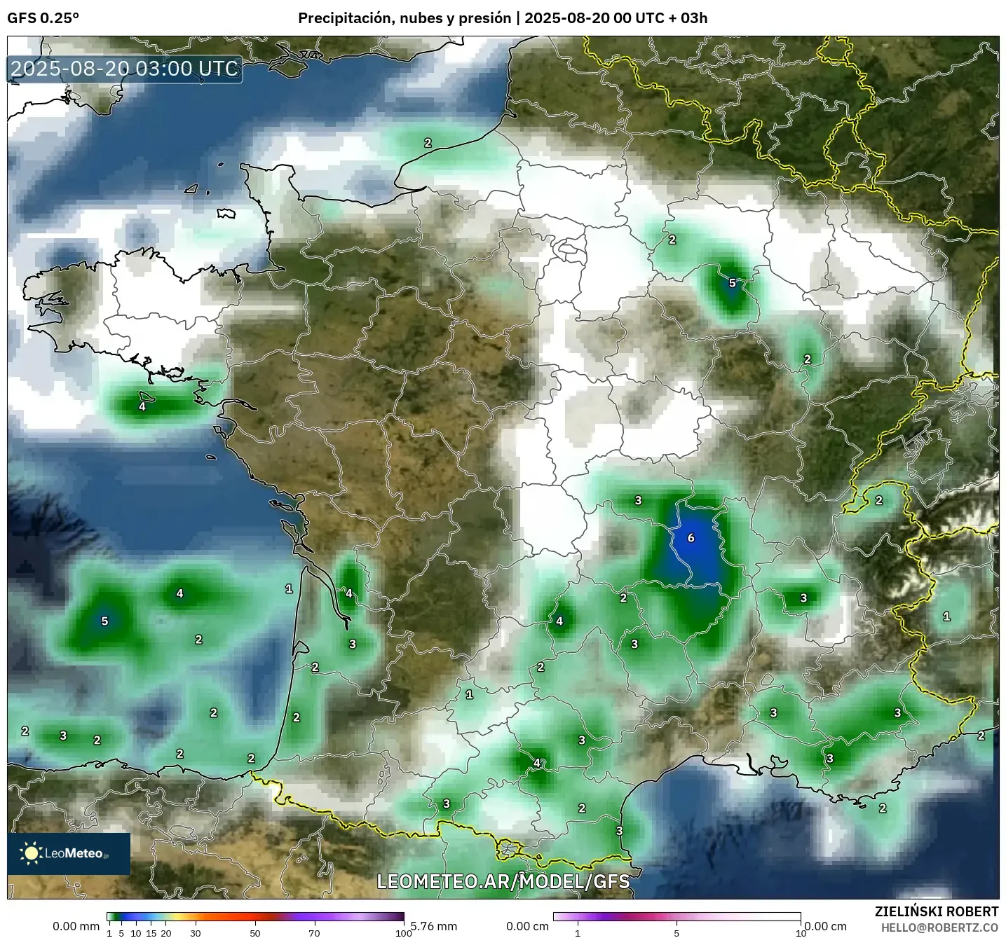 GFS model - Francia, Precipitación, nubes y presión