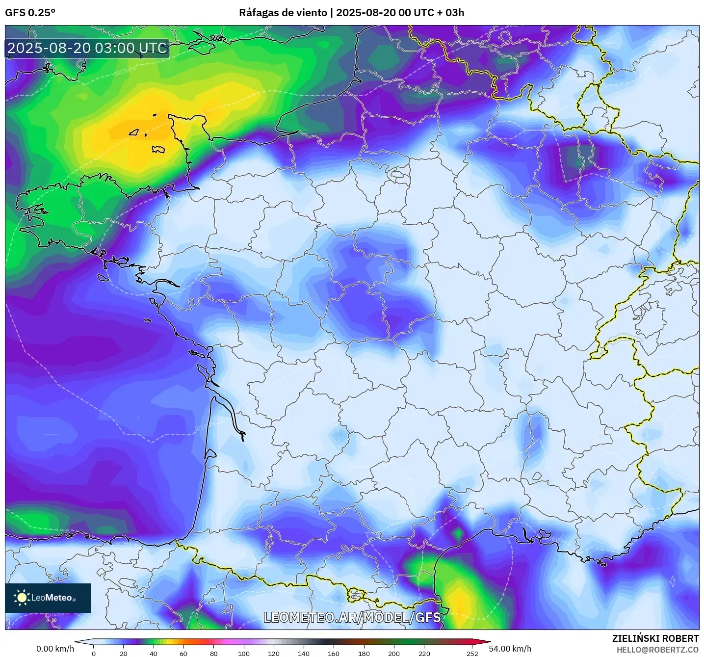 GFS model - Francia, Ráfagas de viento