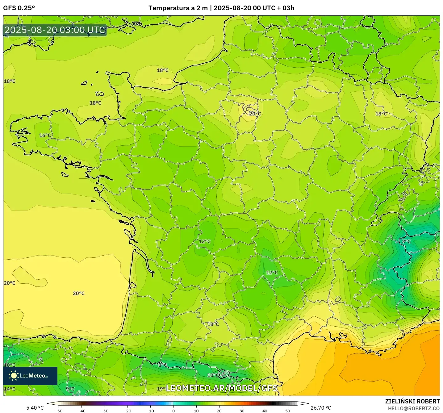 GFS model - Francia, Temperatura a 2 m