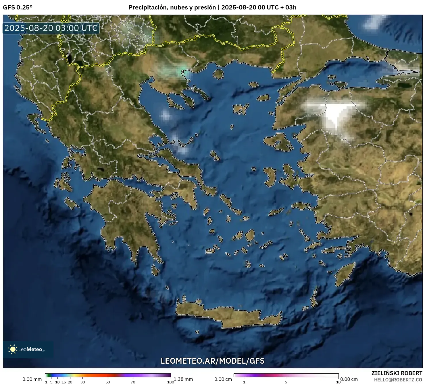 GFS model - Grecia, Precipitación, nubes y presión