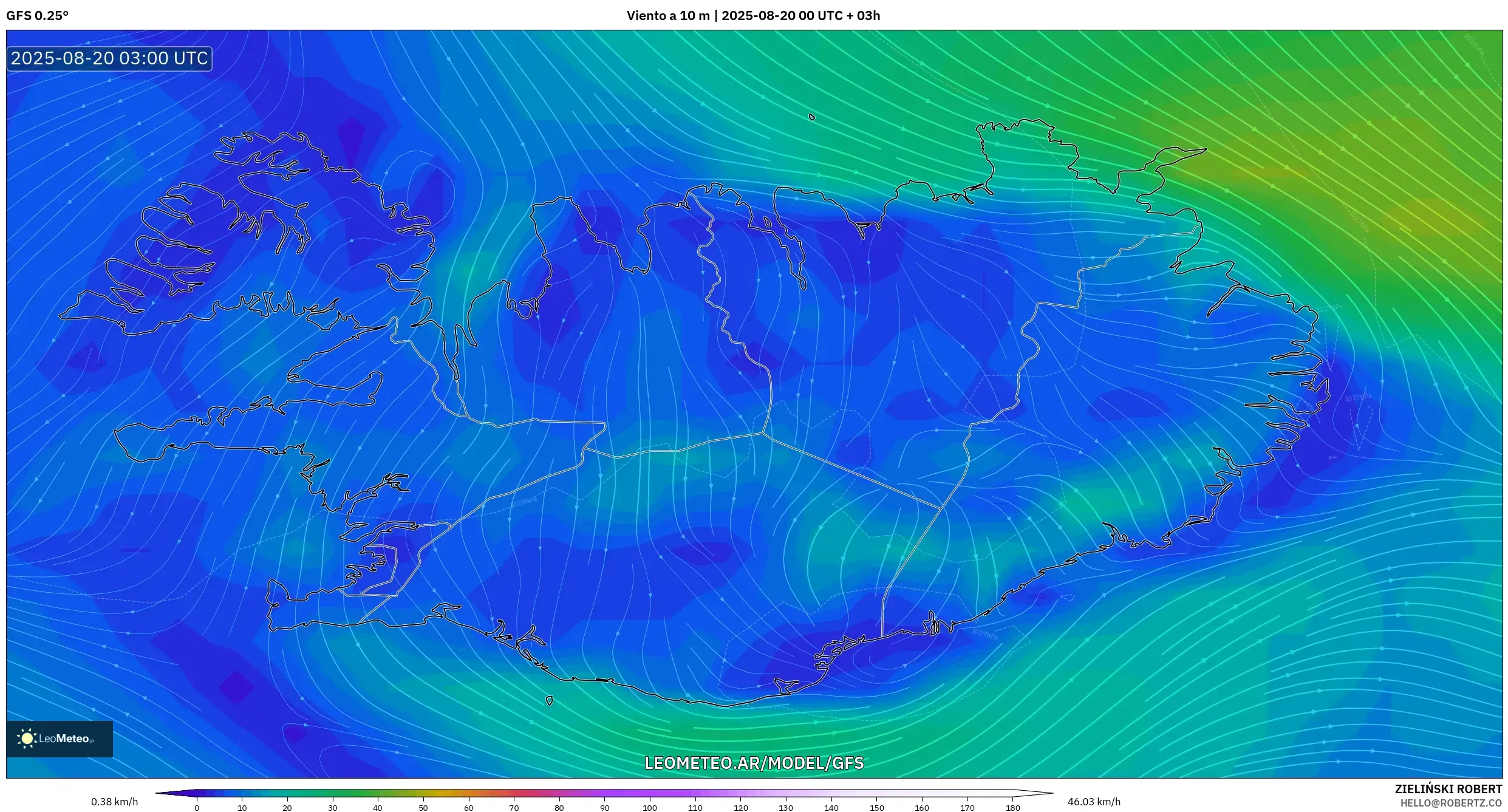 GFS model - Islandia, Viento a 10 m