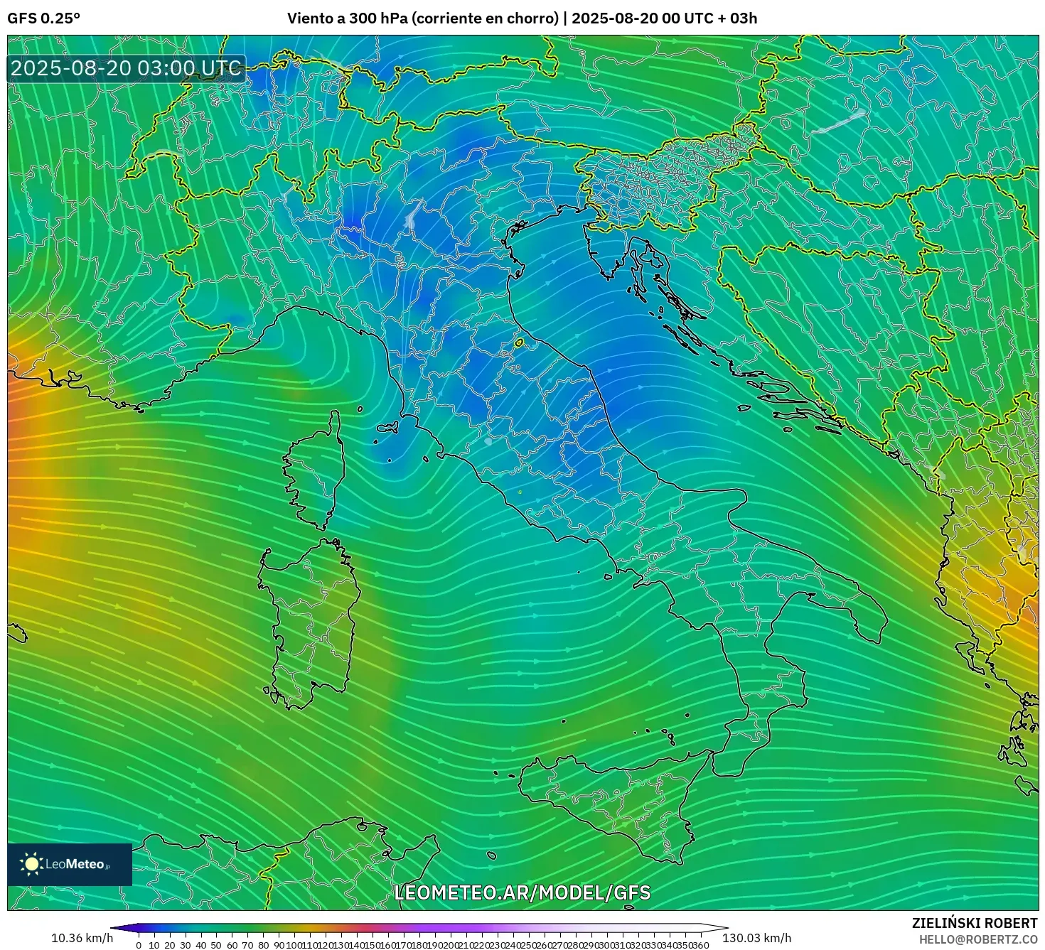 GFS model - Italia, Viento a 300 hPa (corriente en chorro)