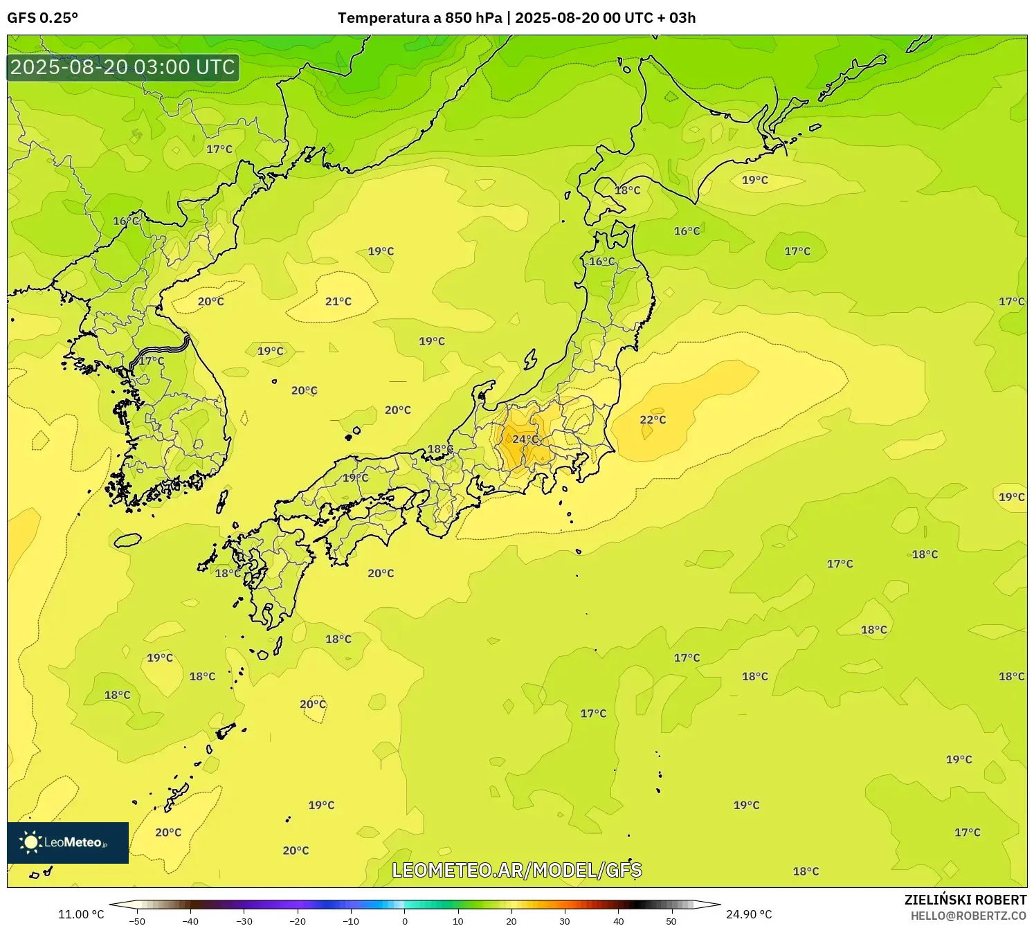 GFS model - Japón, Temperatura a 850 hPa