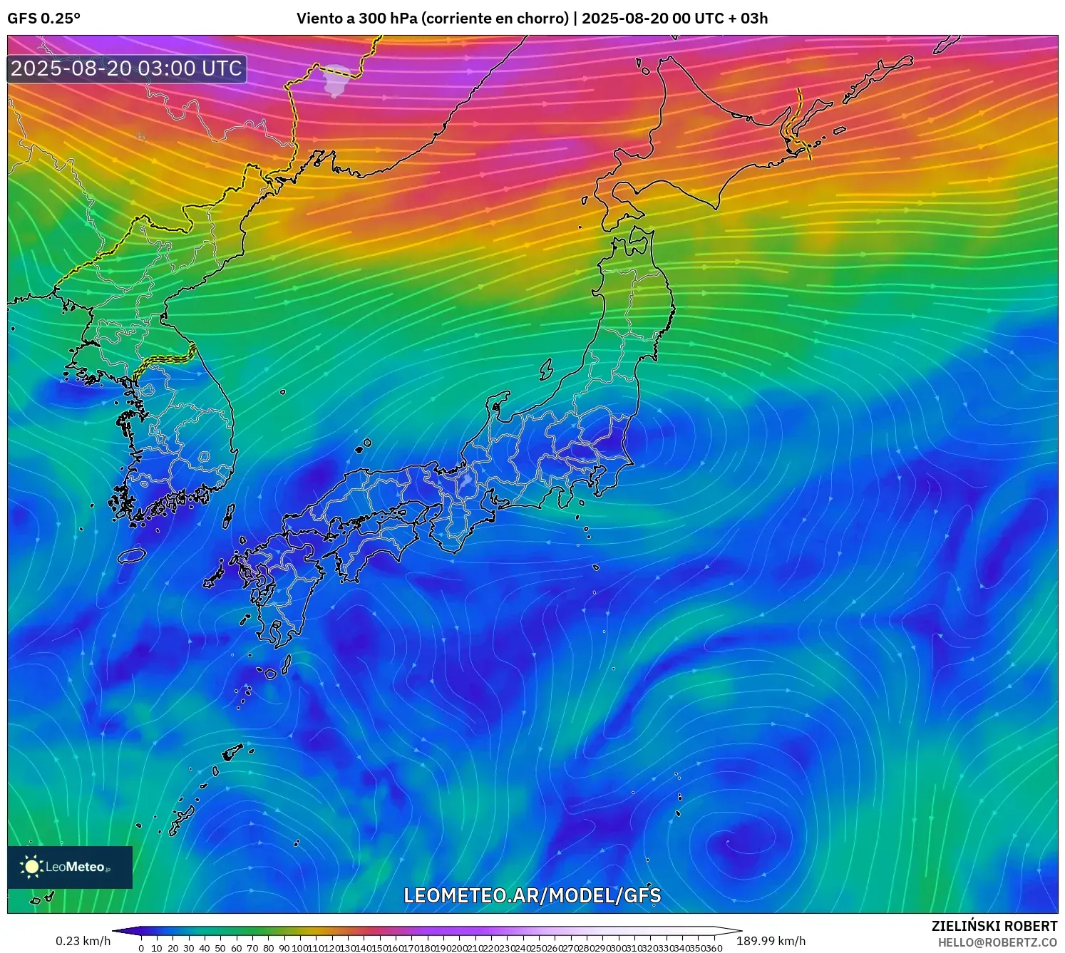GFS model - Japón, Viento a 300 hPa (corriente en chorro)