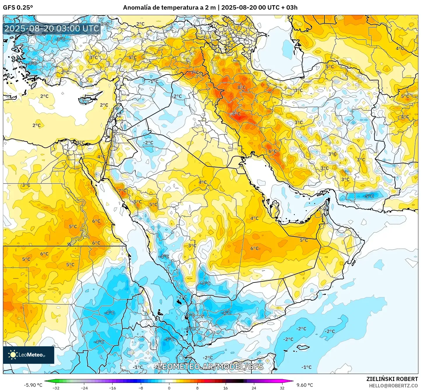 GFS model - Oriente Medio, Anomalía de temperatura a 2 m
