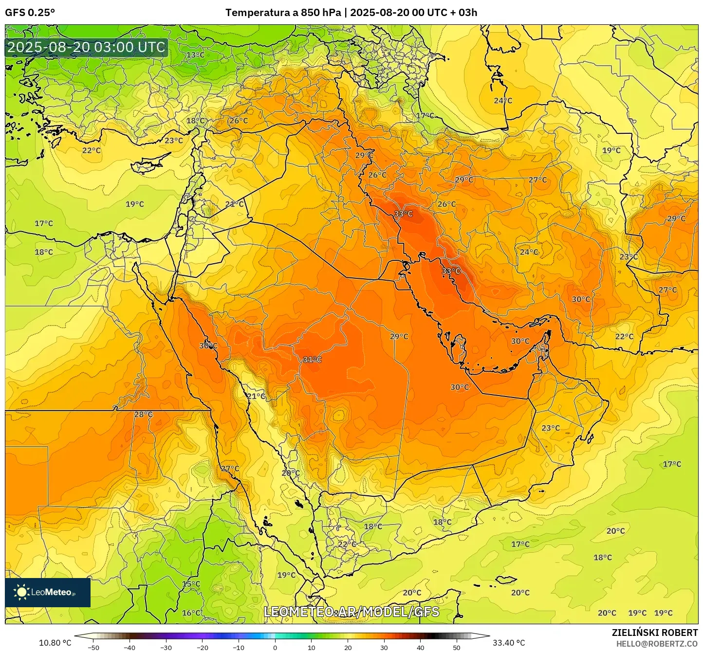 GFS model - Oriente Medio, Temperatura a 850 hPa
