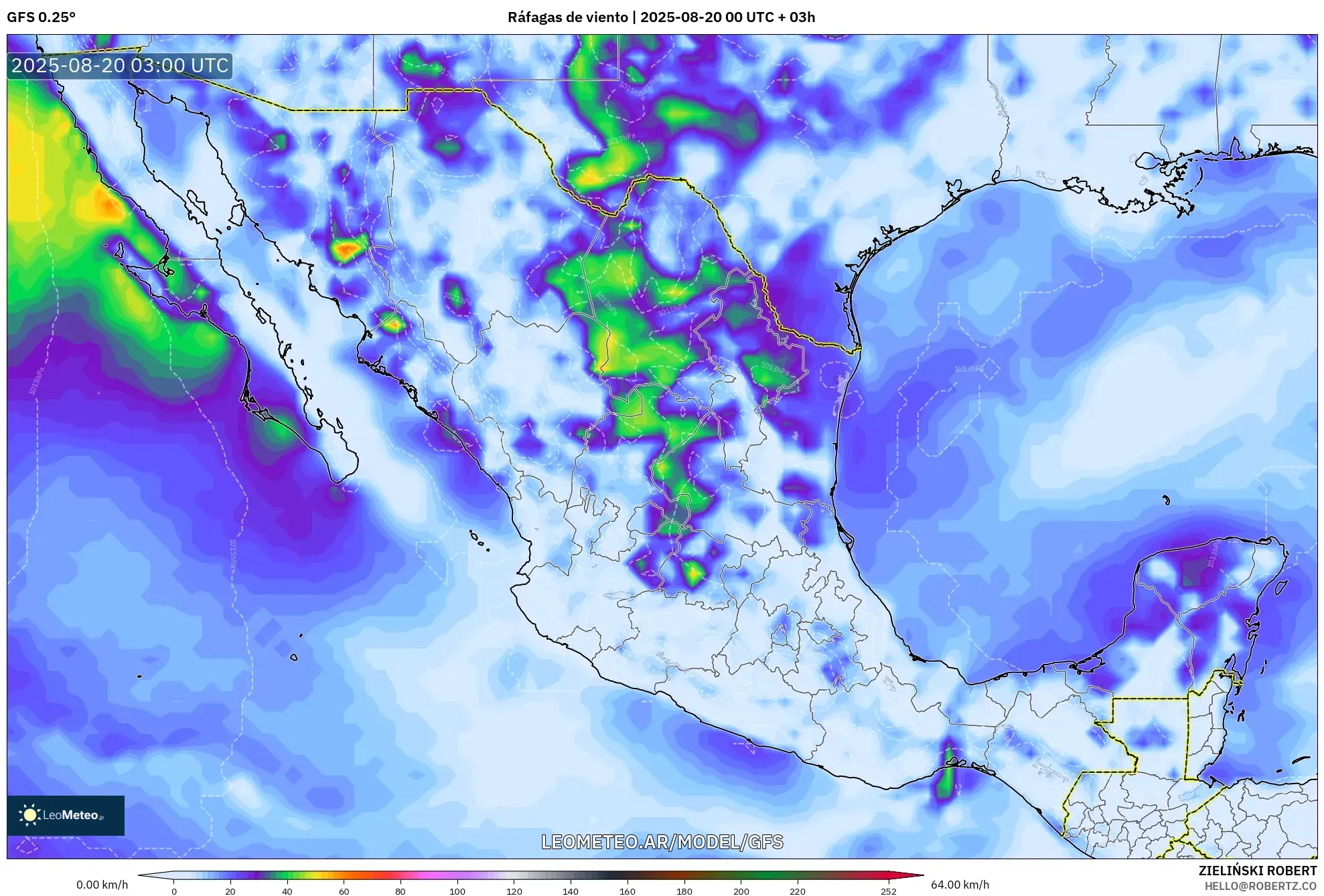 GFS model - México, Ráfagas de viento
