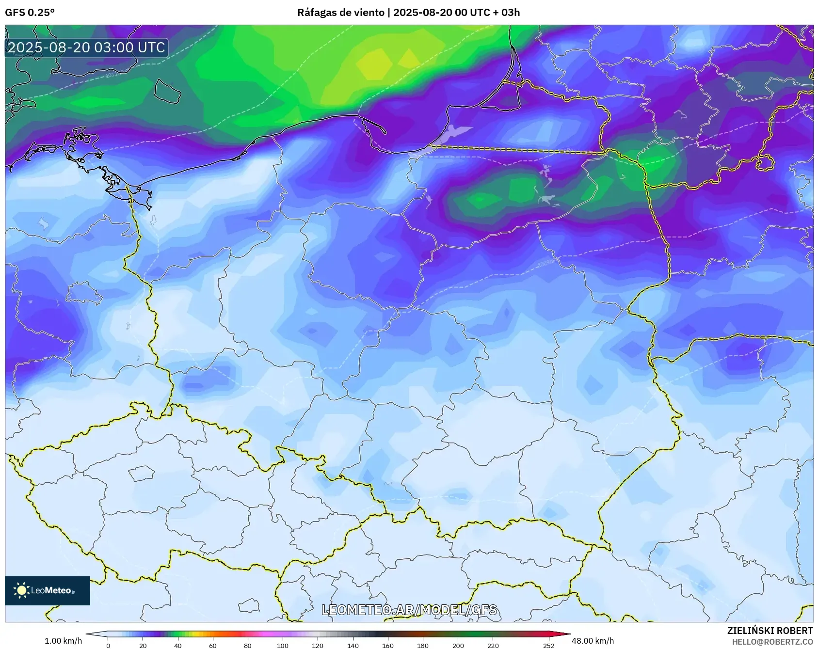 GFS model - Polonia, Ráfagas de viento