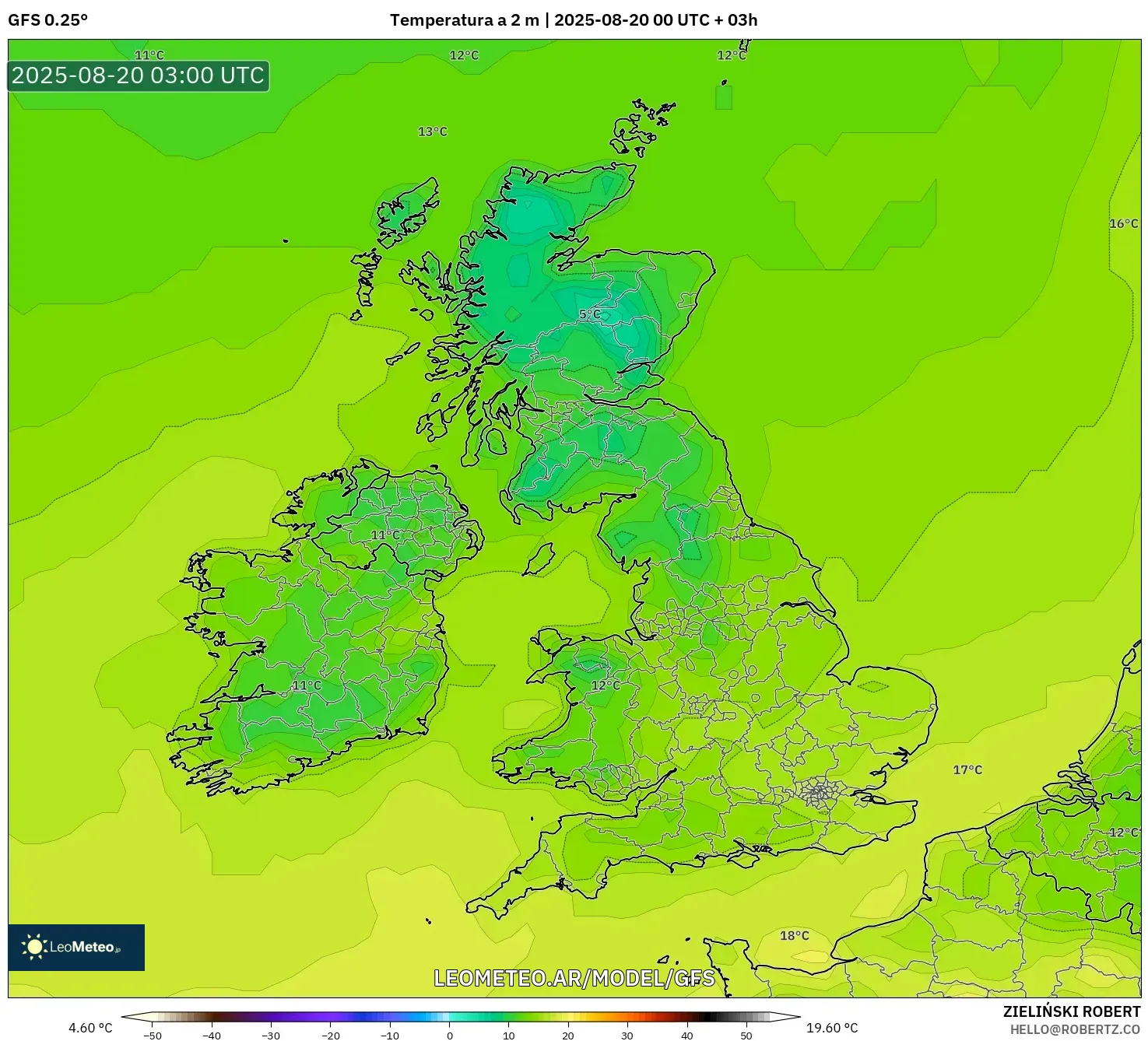 GFS model - Reino Unido, Temperatura a 2 m