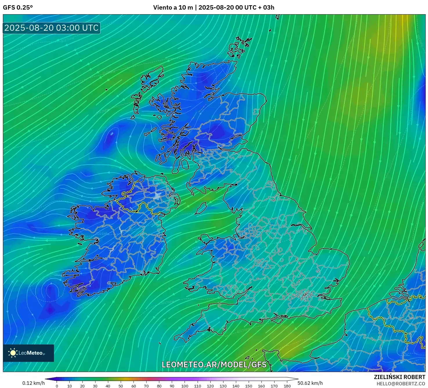 GFS model - Reino Unido, Viento a 10 m