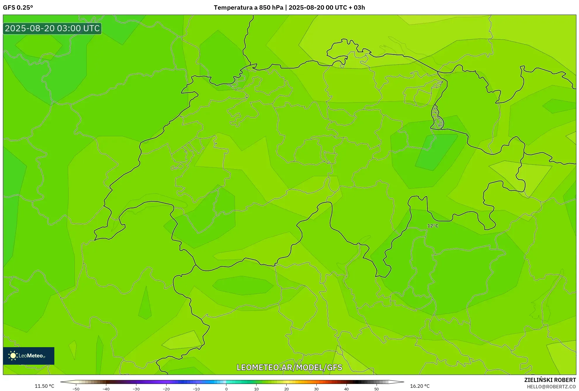 GFS model - Suiza, Temperatura a 850 hPa