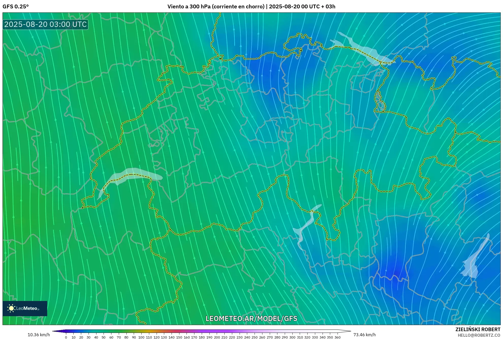 GFS model - Suiza, Viento a 300 hPa (corriente en chorro)