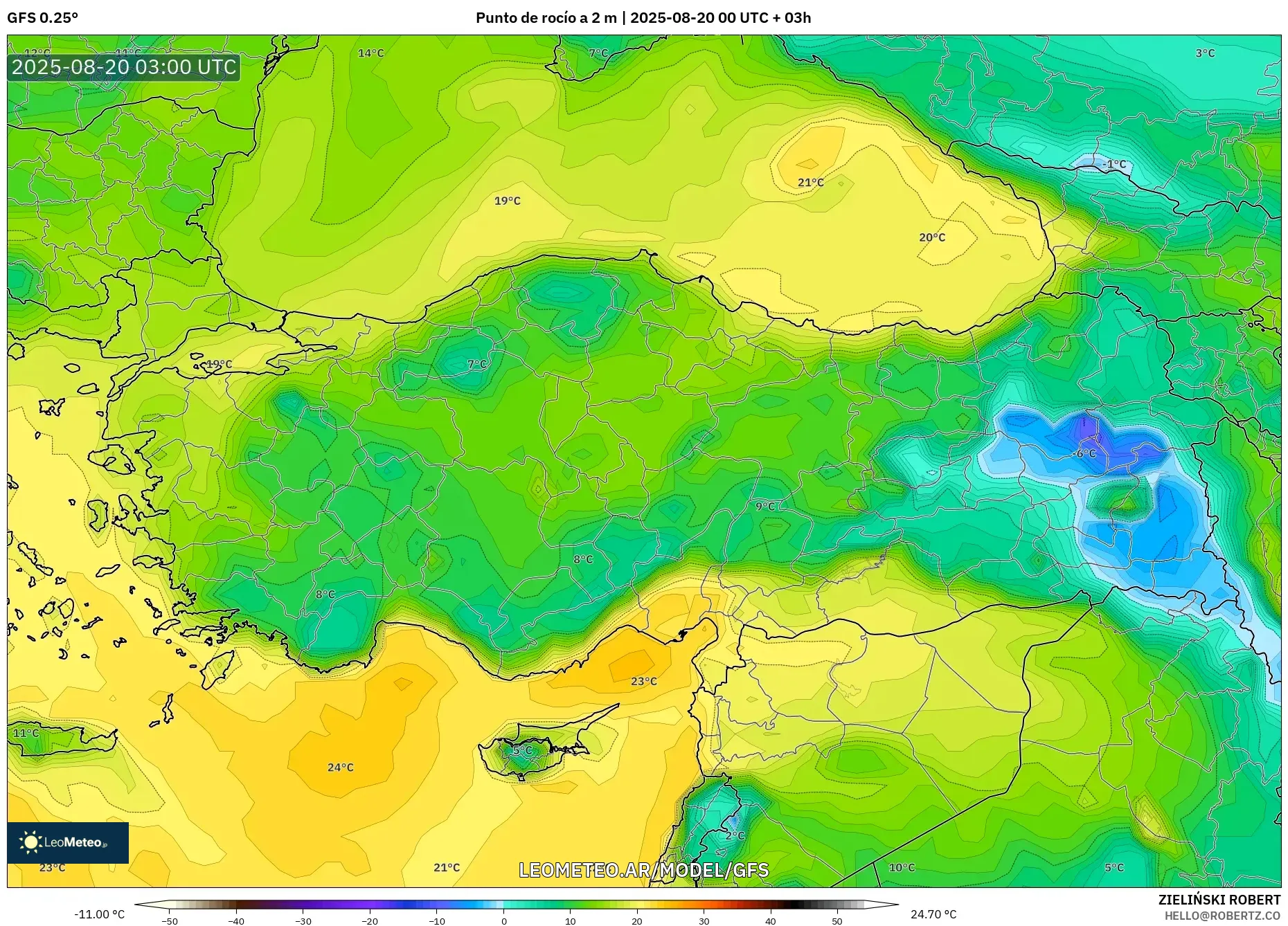 GFS model - Turquía, Punto de rocío a 2 m