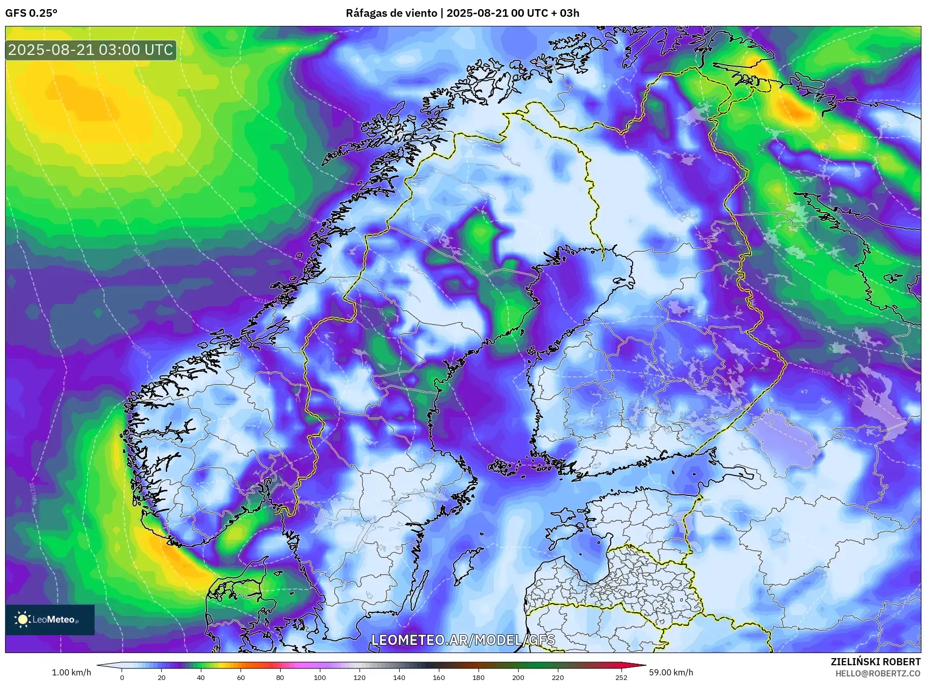 GFS model - Escandinavia, Ráfagas de viento GFS model - Escandinavia, Ráfagas de viento