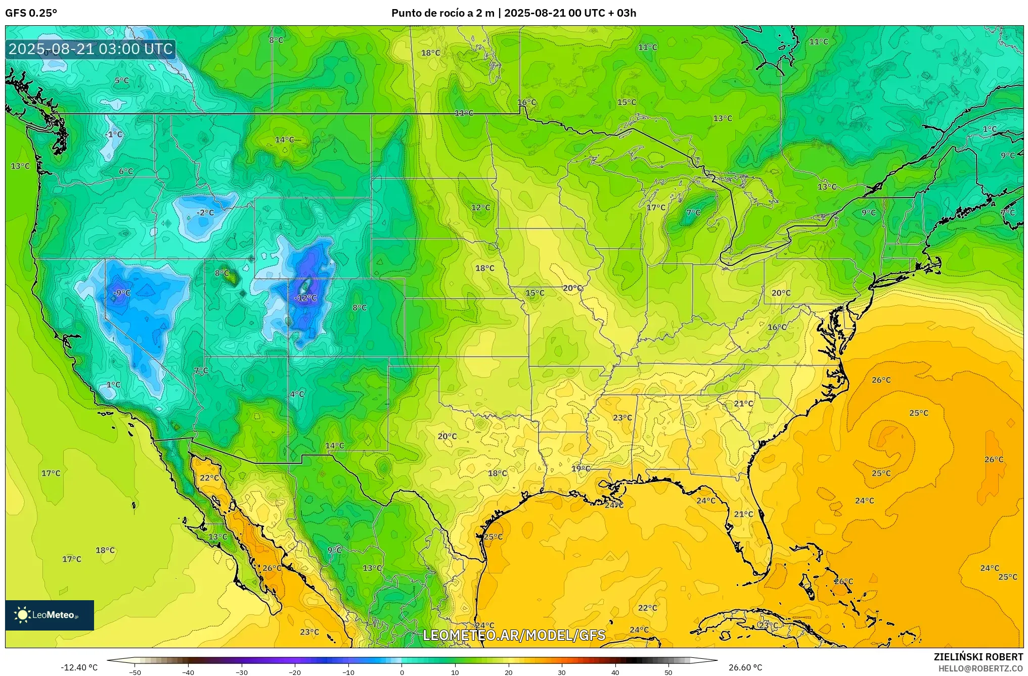 GFS model - Estados Unidos, Punto de rocío a 2 m GFS model - Estados Unidos, Punto de rocío a 2 m