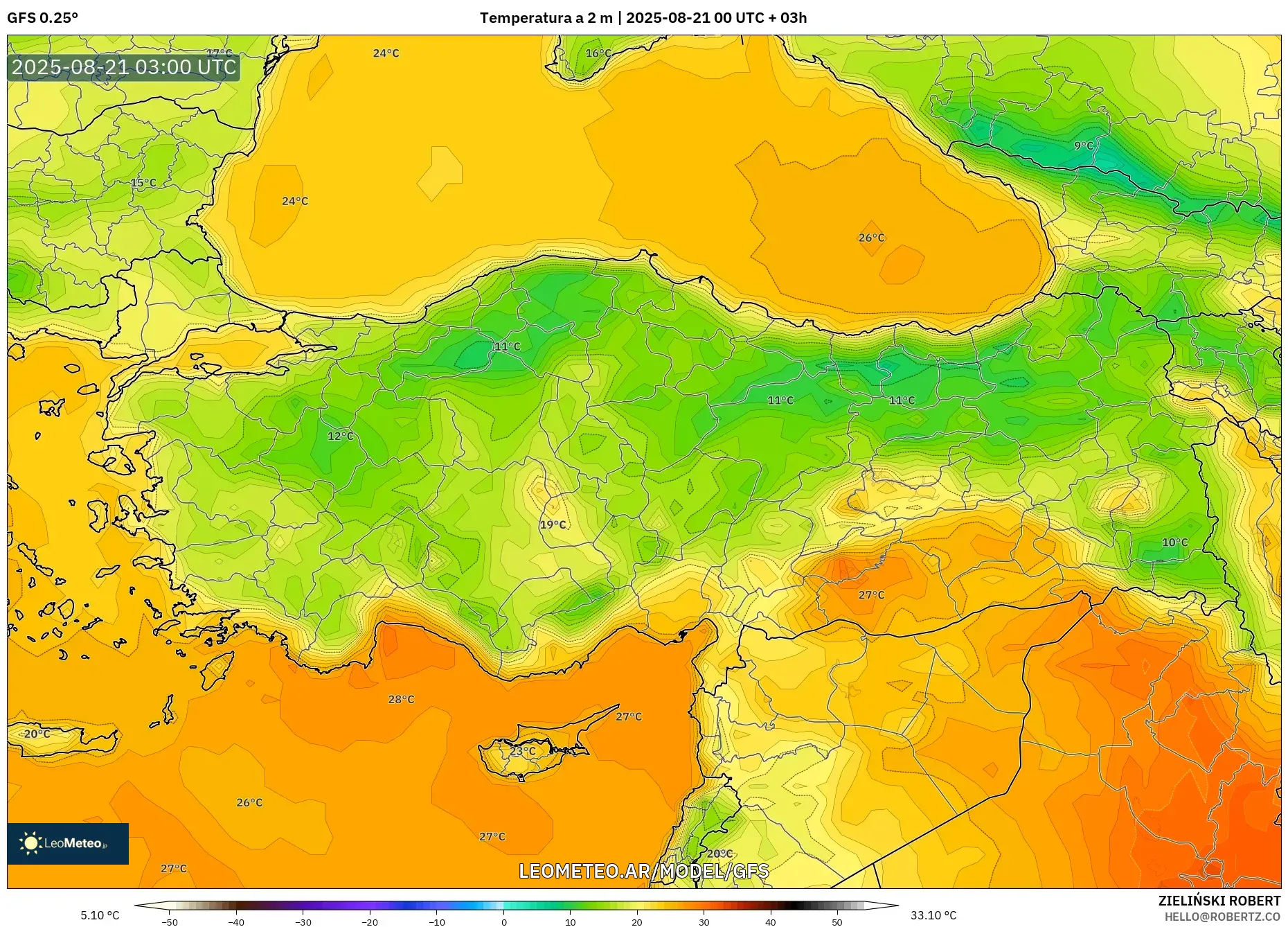GFS model - Turquía, Temperatura a 2 m GFS model - Turquía, Temperatura a 2 m