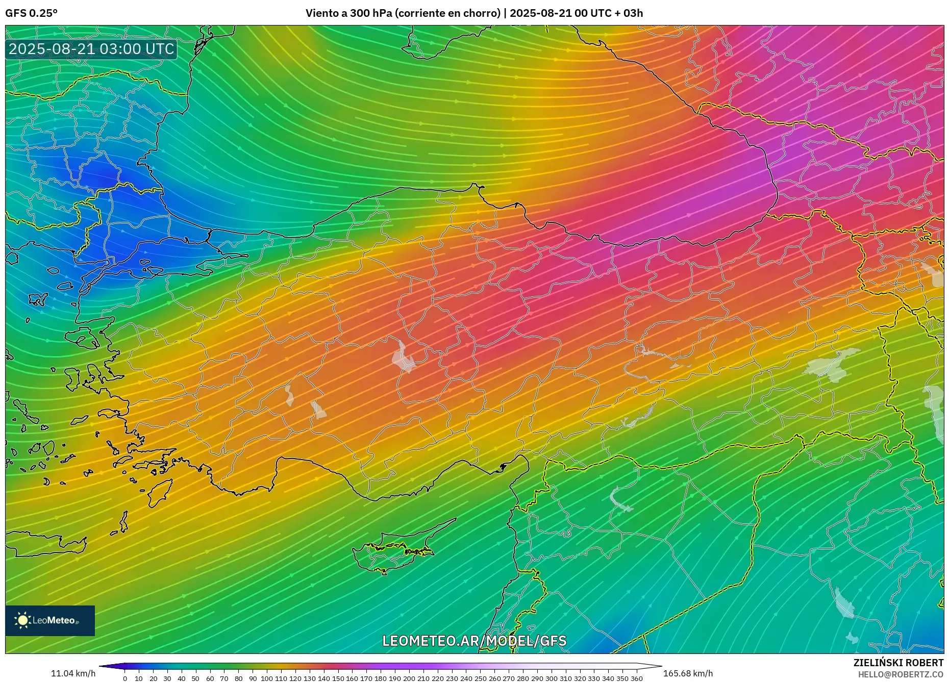 GFS model - Turquía, Viento a 300 hPa (corriente en chorro)