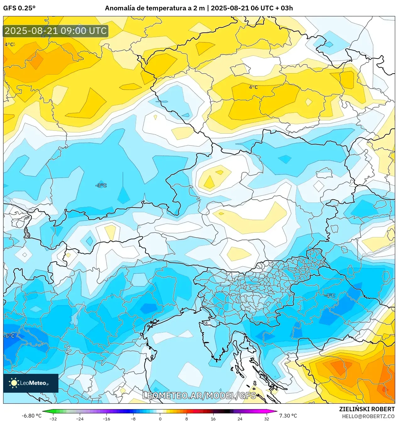 GFS model - Austria, Anomalía de temperatura a 2 m
