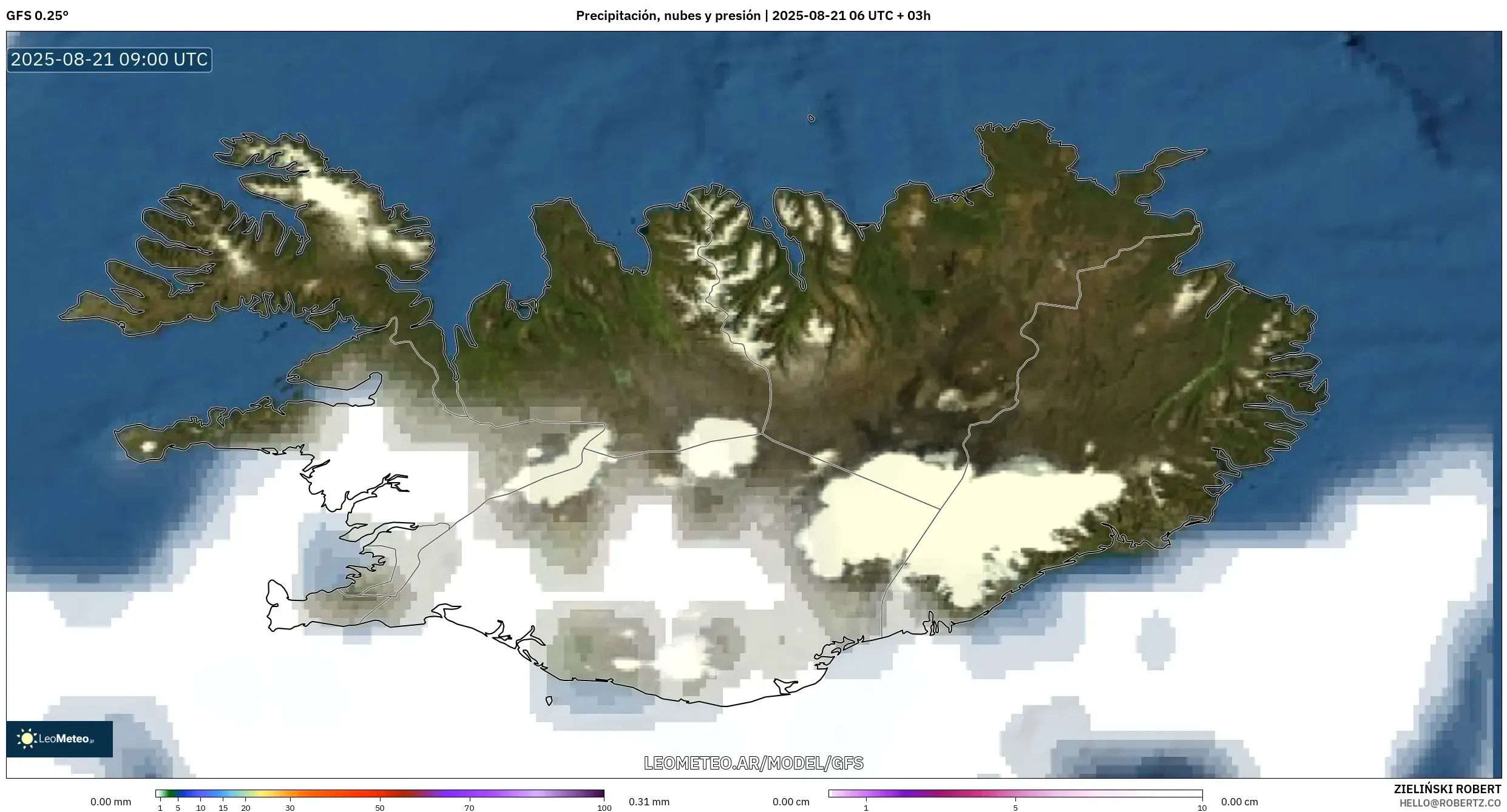 GFS model - Islandia, Precipitación, nubes y presión