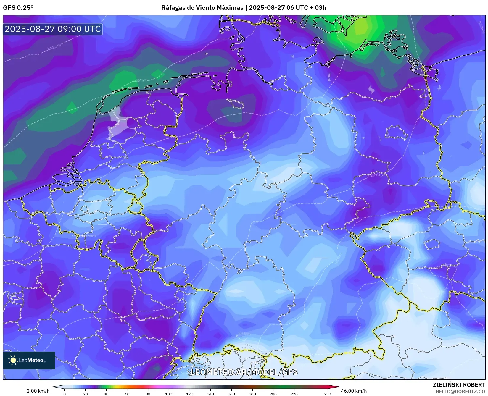 GFS model - Alemania, Ráfagas de Viento Máximas GFS model - Alemania, Ráfagas de Viento Máximas