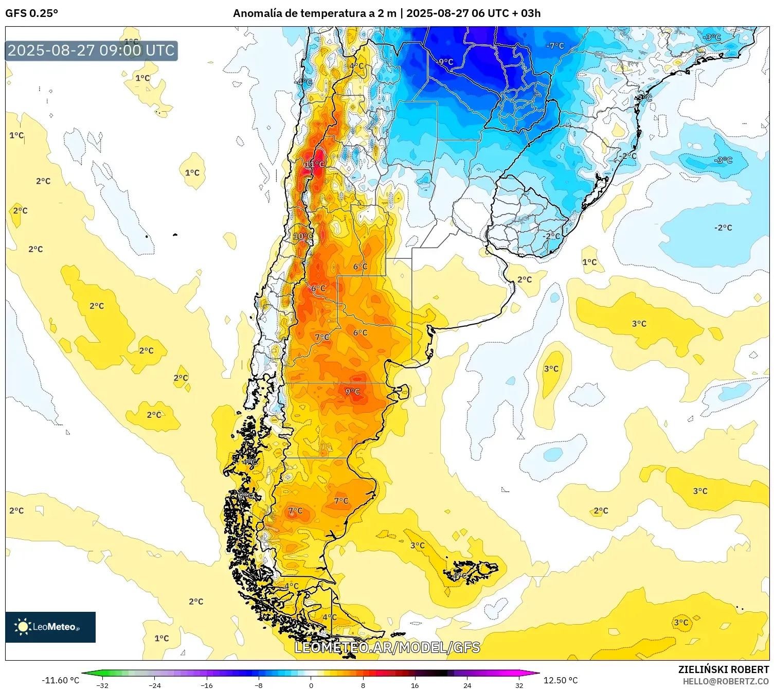 GFS model - Argentina, Anomalía de temperatura a 2 m