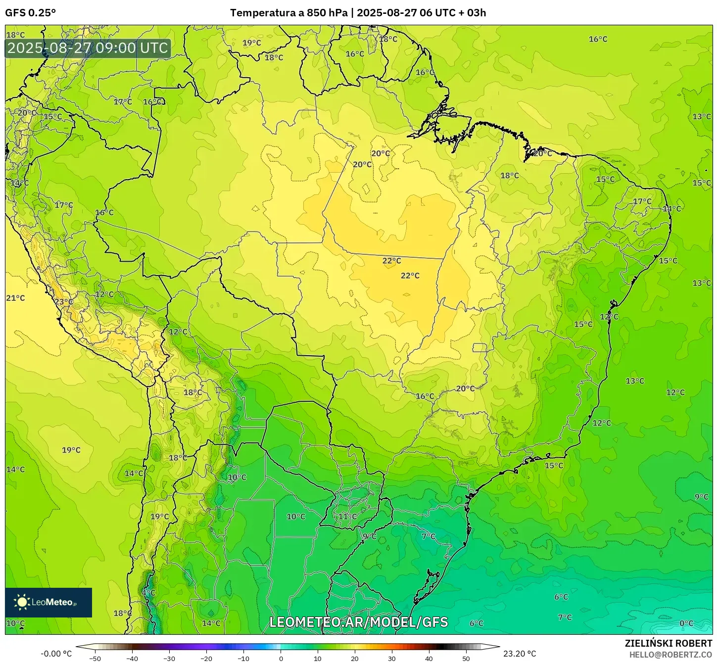 GFS model - Brasil, Temperatura a 850 hPa GFS model - Brasil, Temperatura a 850 hPa