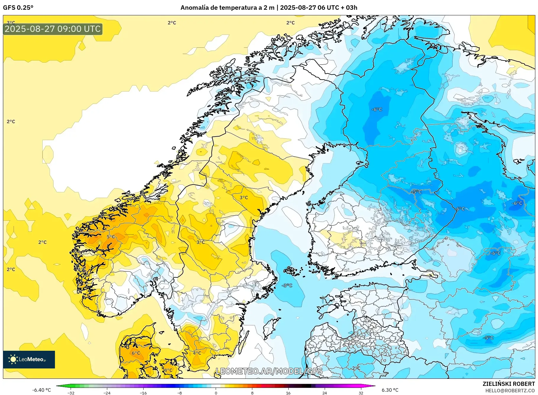 GFS model - Escandinavia, Anomalía de temperatura a 2 m GFS model - Escandinavia, Anomalía de temperatura a 2 m