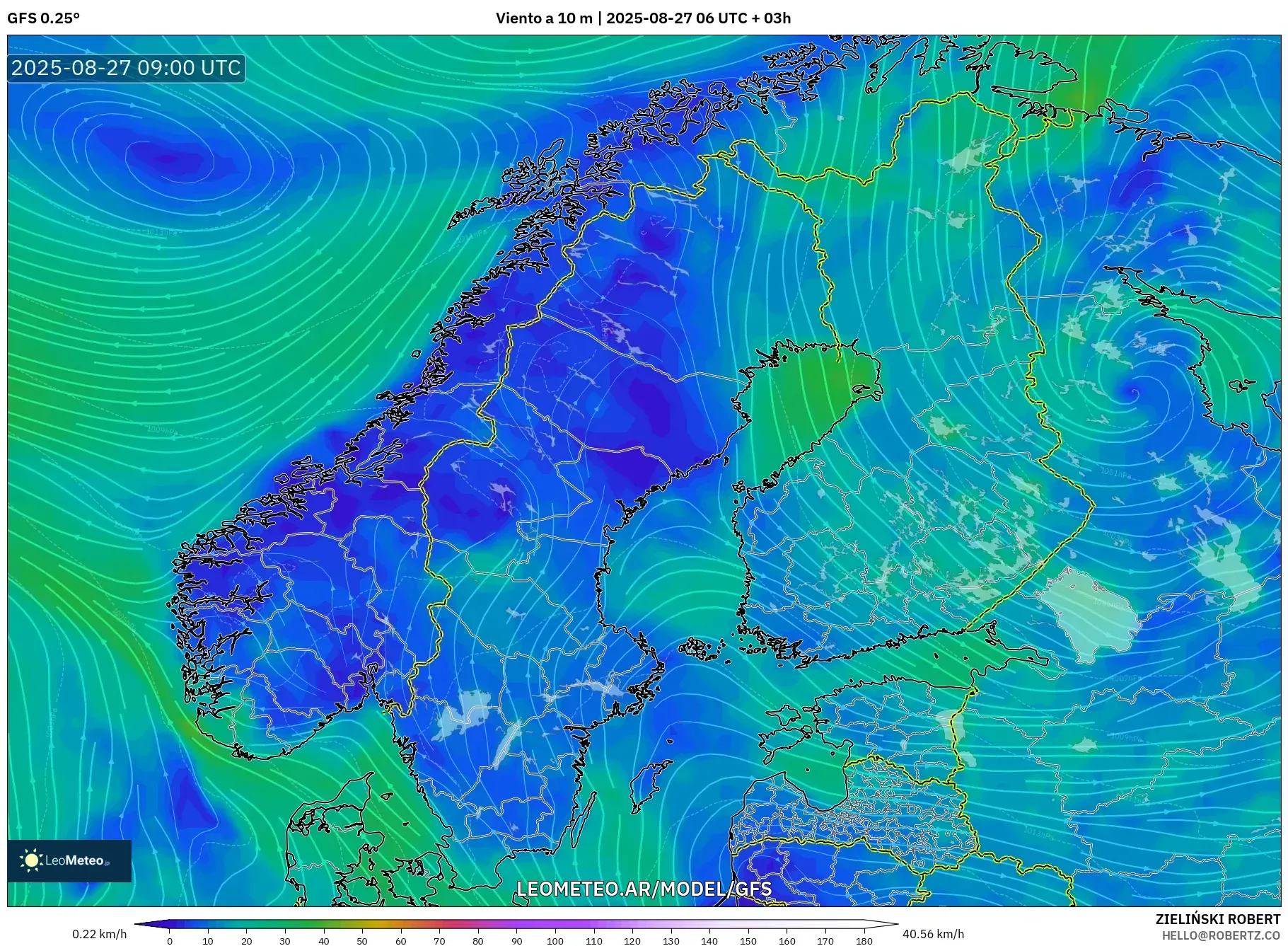 GFS model - Escandinavia, Viento a 10 m GFS model - Escandinavia, Viento a 10 m