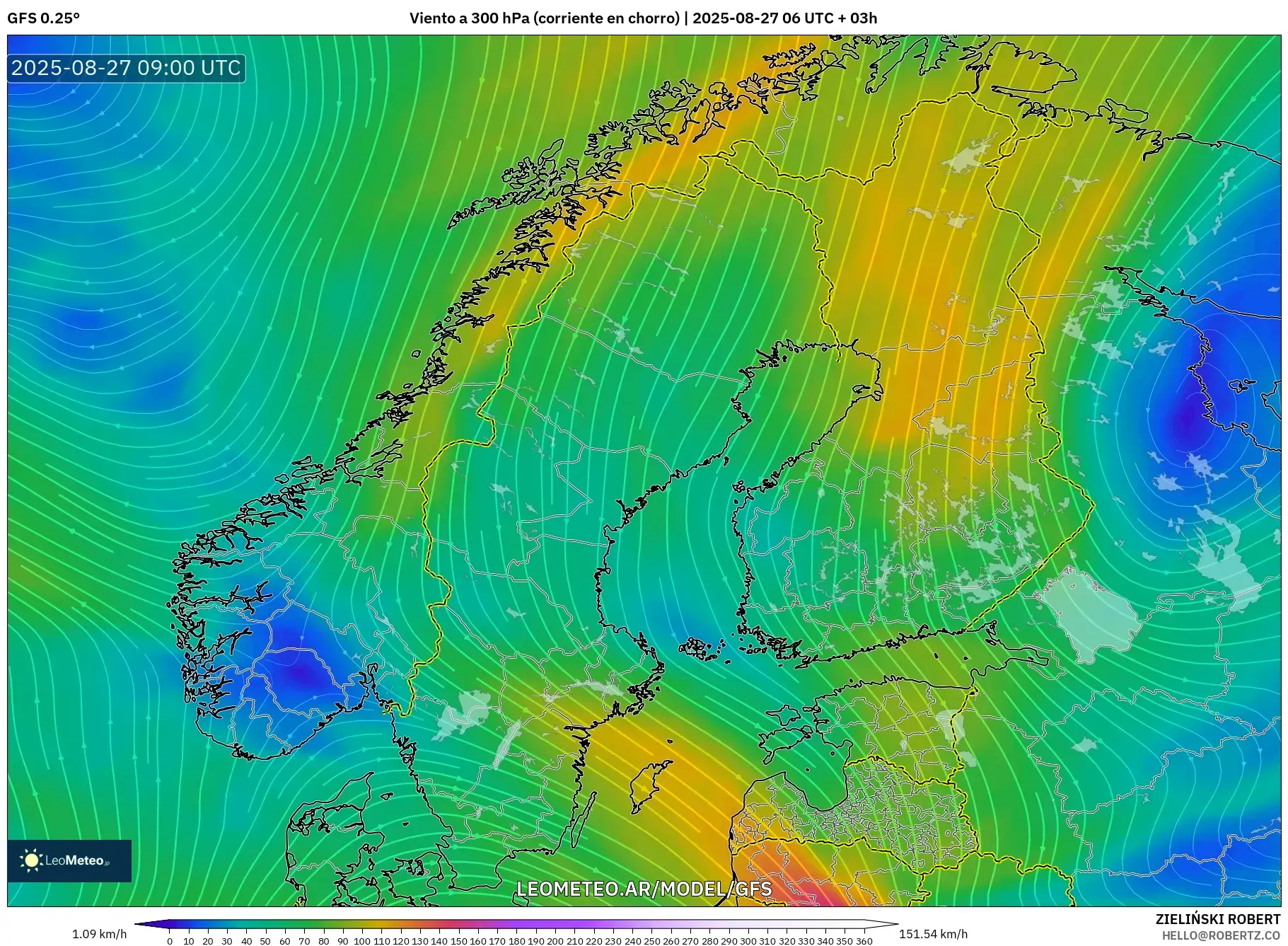 GFS model - Escandinavia, Viento a 300 hPa (corriente en chorro) GFS model - Escandinavia, Viento a 300 hPa (corriente en chorro)