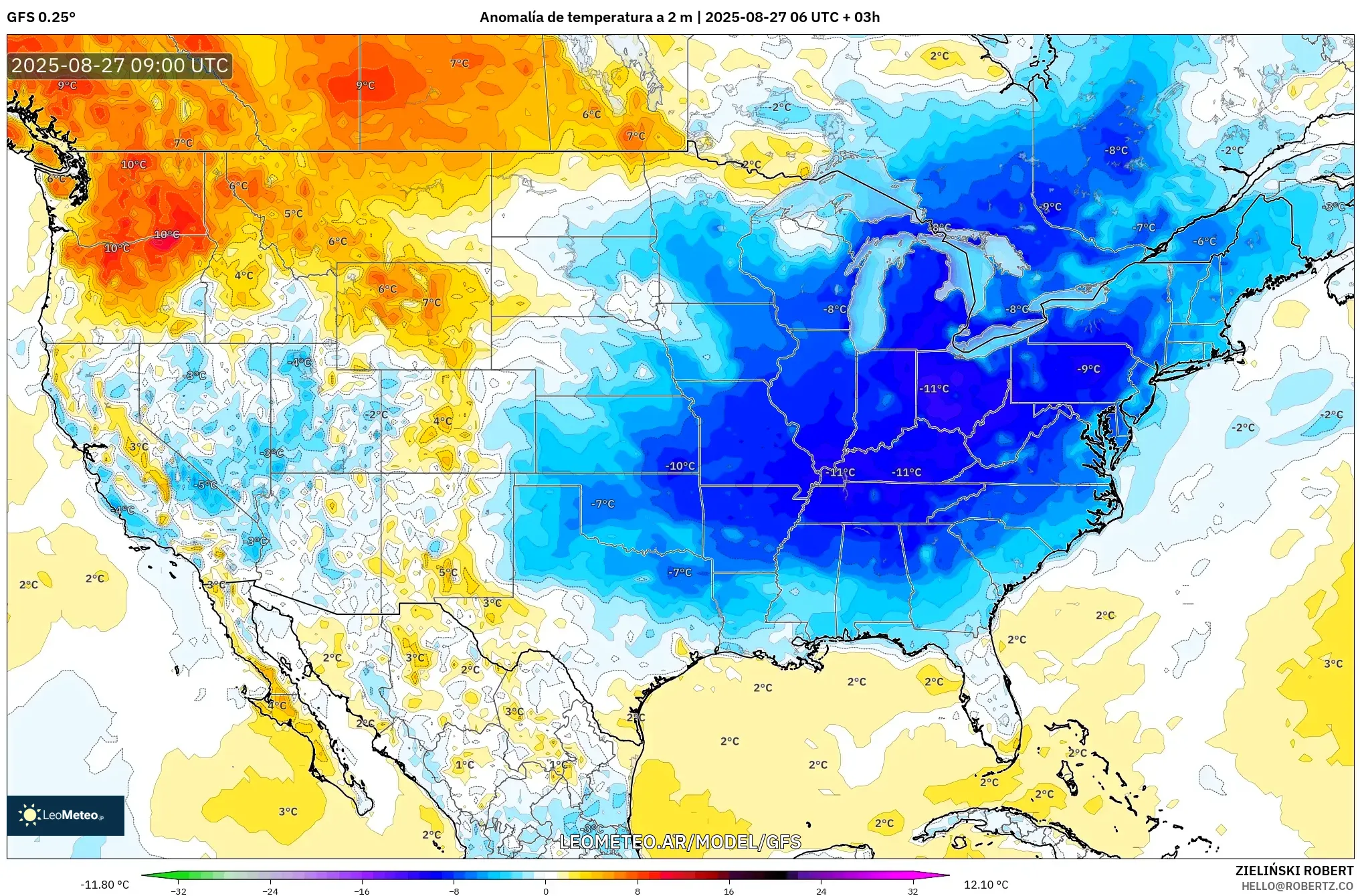 GFS model - Estados Unidos, Anomalía de temperatura a 2 m GFS model - Estados Unidos, Anomalía de temperatura a 2 m