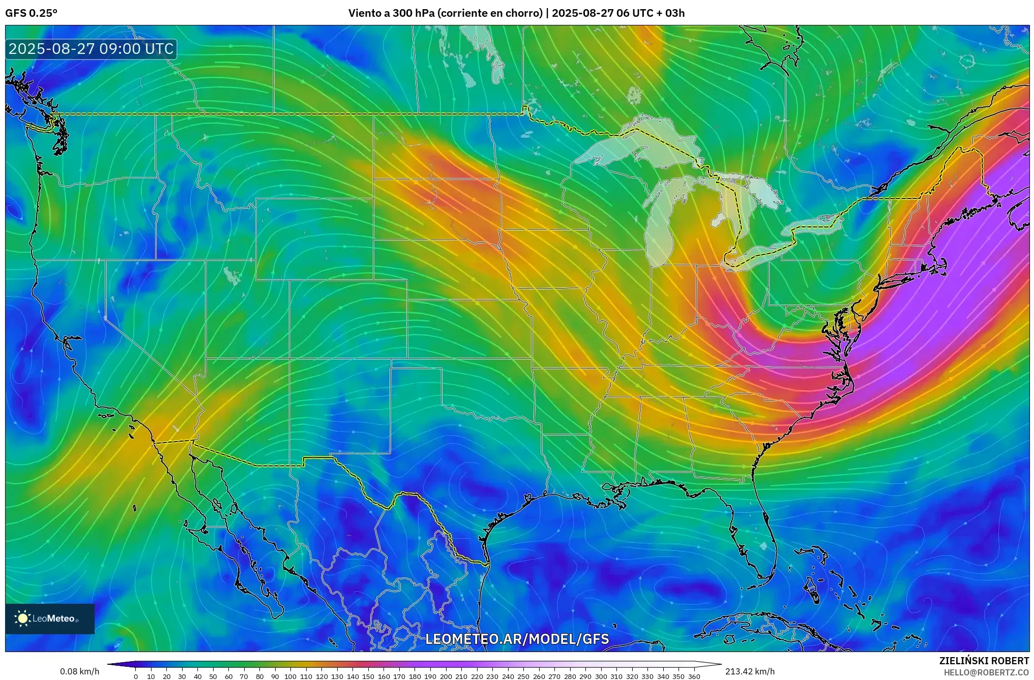 GFS model - Estados Unidos, Viento a 300 hPa (corriente en chorro) GFS model - Estados Unidos, Viento a 300 hPa (corriente en chorro)