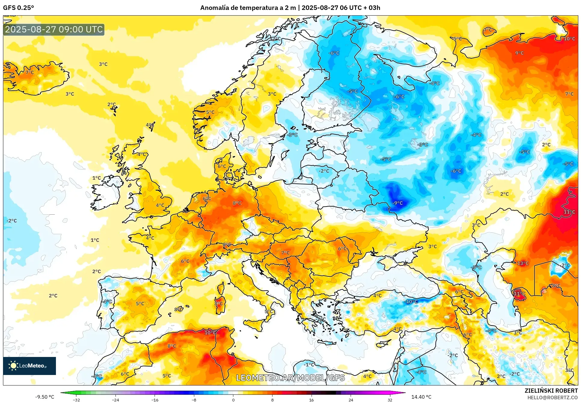 GFS model - Europa, Anomalía de temperatura a 2 m GFS model - Europa, Anomalía de temperatura a 2 m