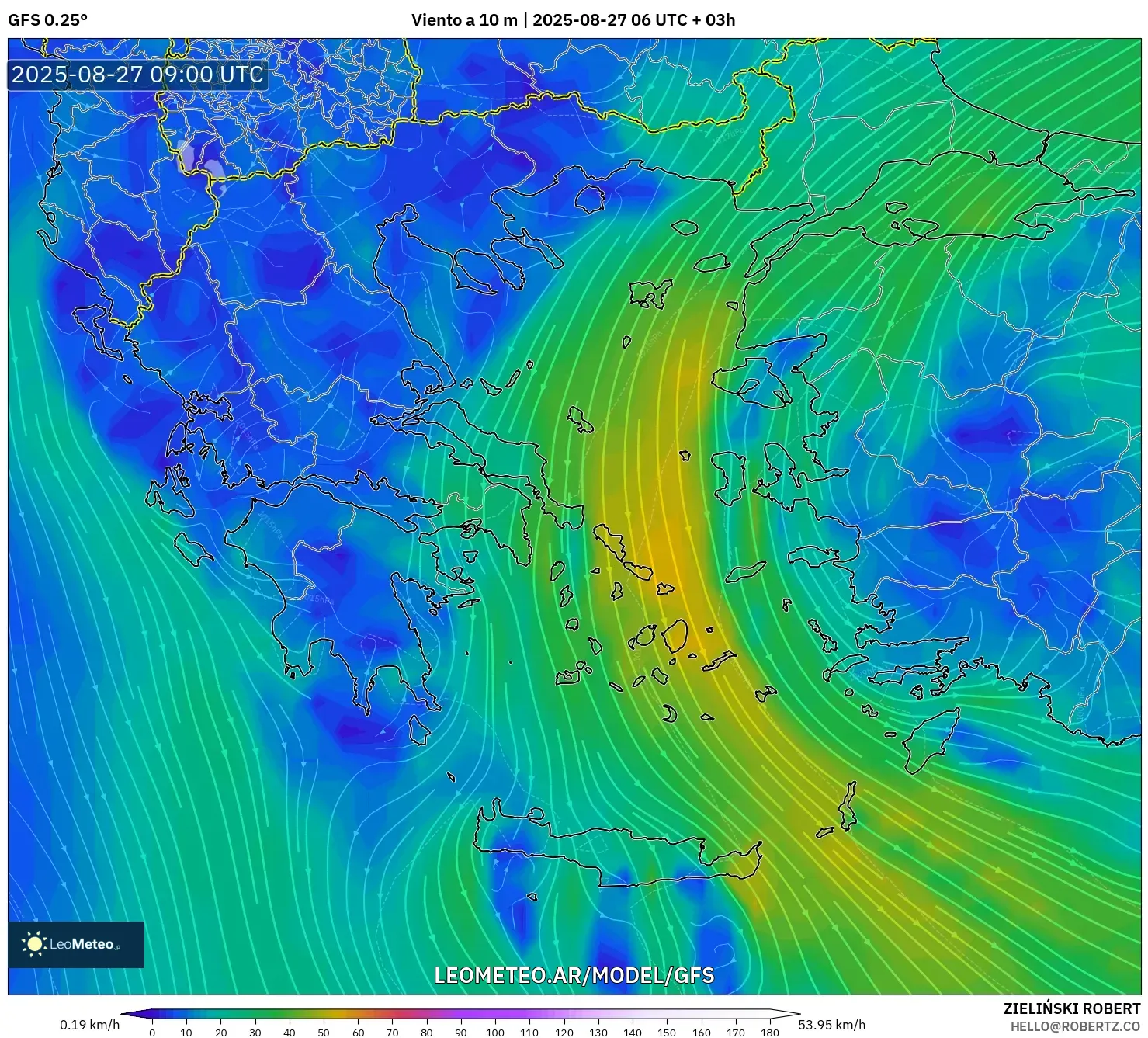 GFS model - Grecia, Viento a 10 m GFS model - Grecia, Viento a 10 m