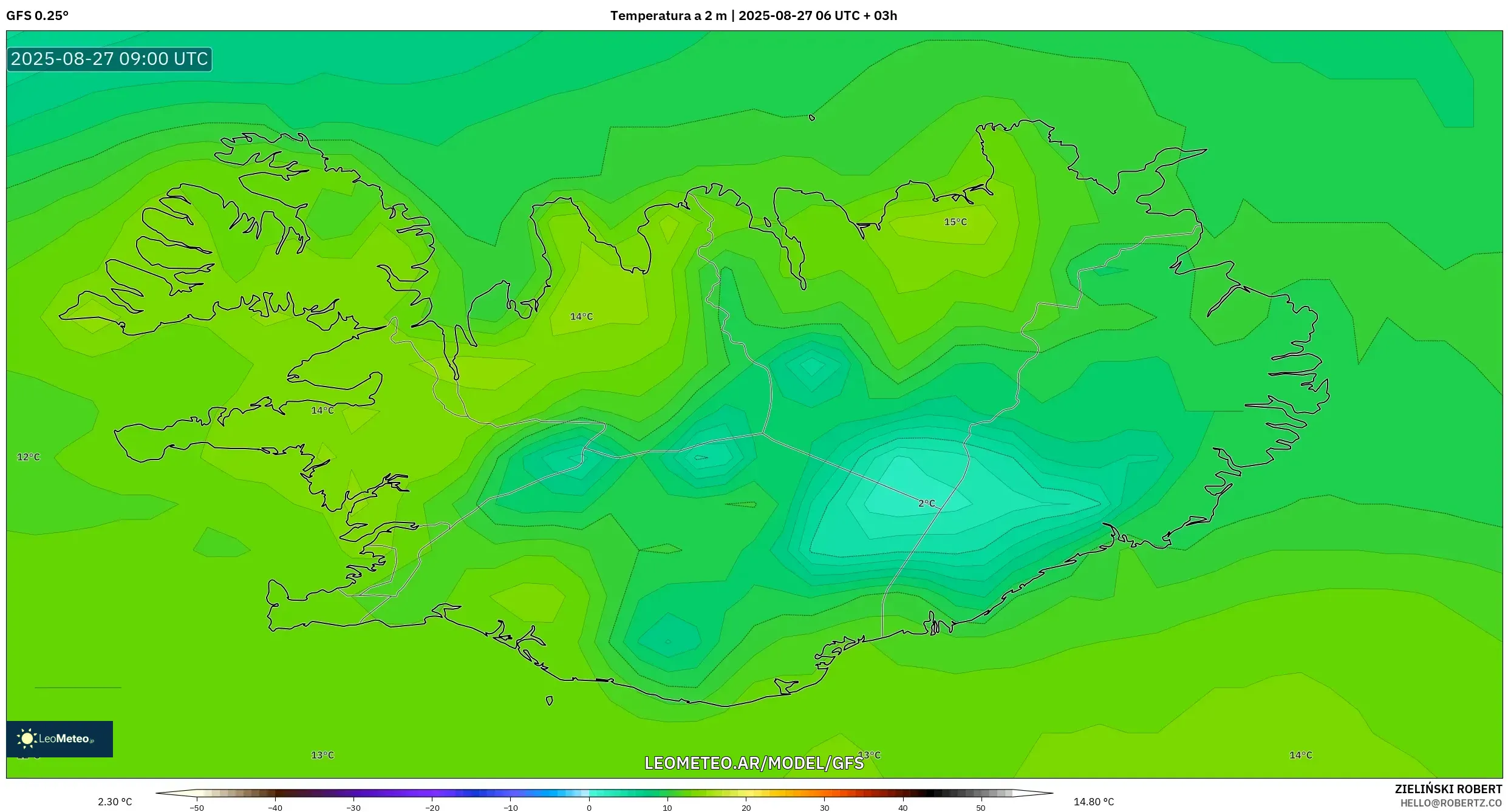 GFS model - Islandia, Temperatura a 2 m GFS model - Islandia, Temperatura a 2 m