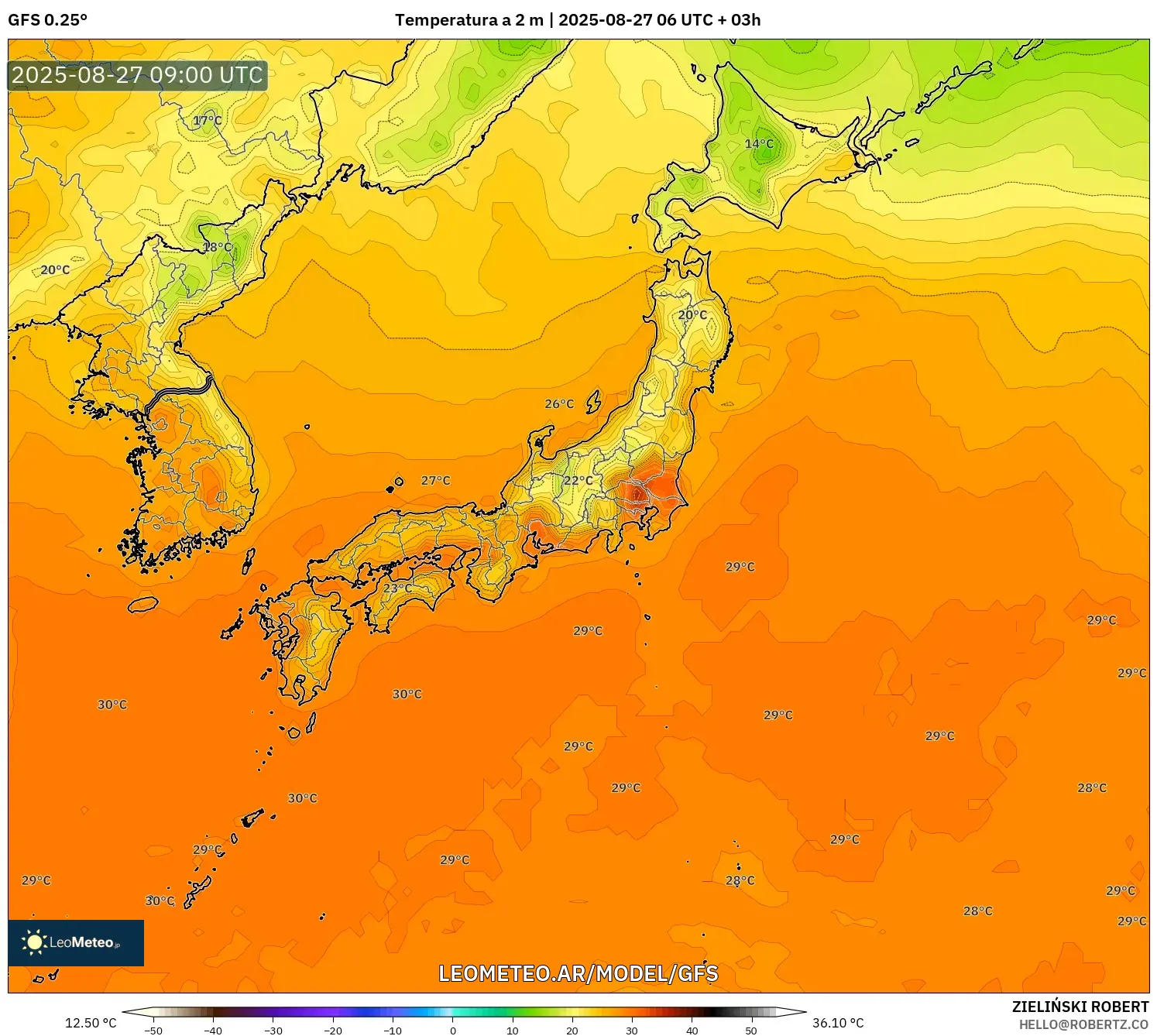 GFS model - Japón, Temperatura a 2 m GFS model - Japón, Temperatura a 2 m