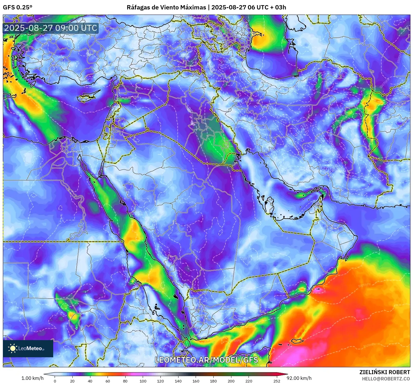 GFS model - Oriente Medio, Ráfagas de Viento Máximas GFS model - Oriente Medio, Ráfagas de Viento Máximas
