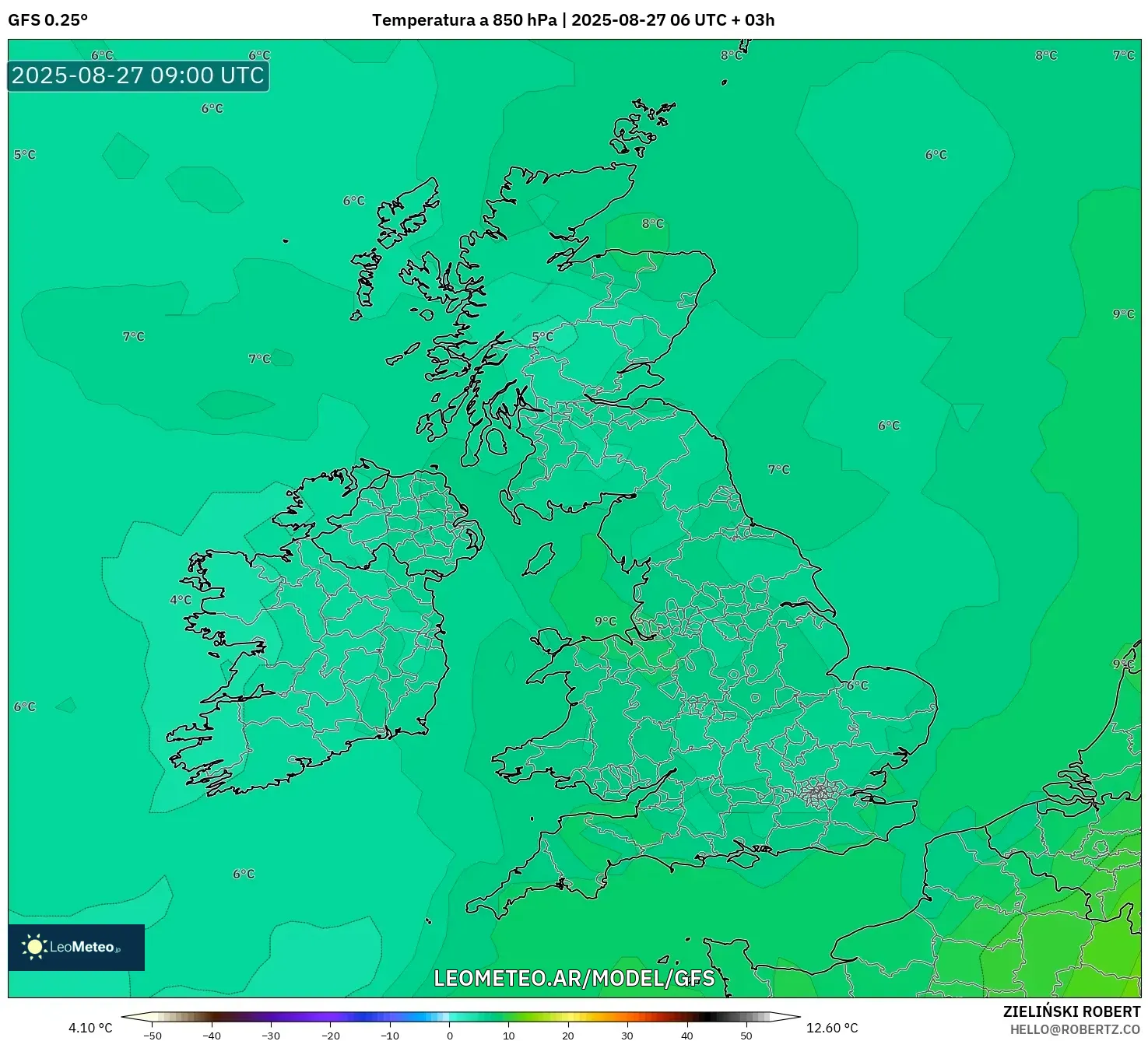 GFS model - Reino Unido, Temperatura a 850 hPa GFS model - Reino Unido, Temperatura a 850 hPa