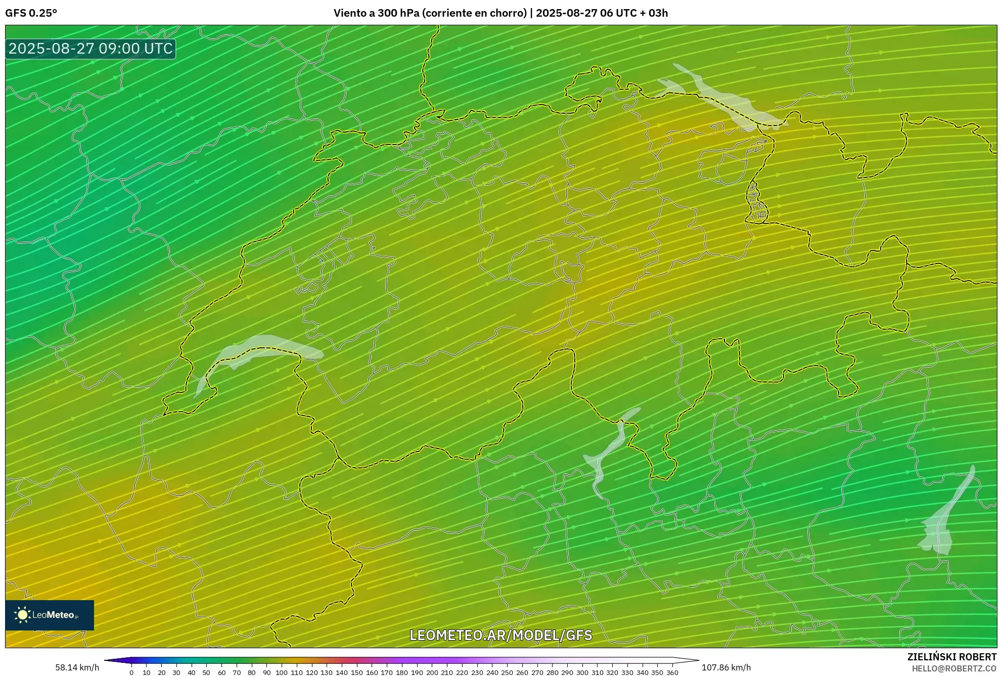 GFS model - Suiza, Viento a 300 hPa (corriente en chorro) GFS model - Suiza, Viento a 300 hPa (corriente en chorro)