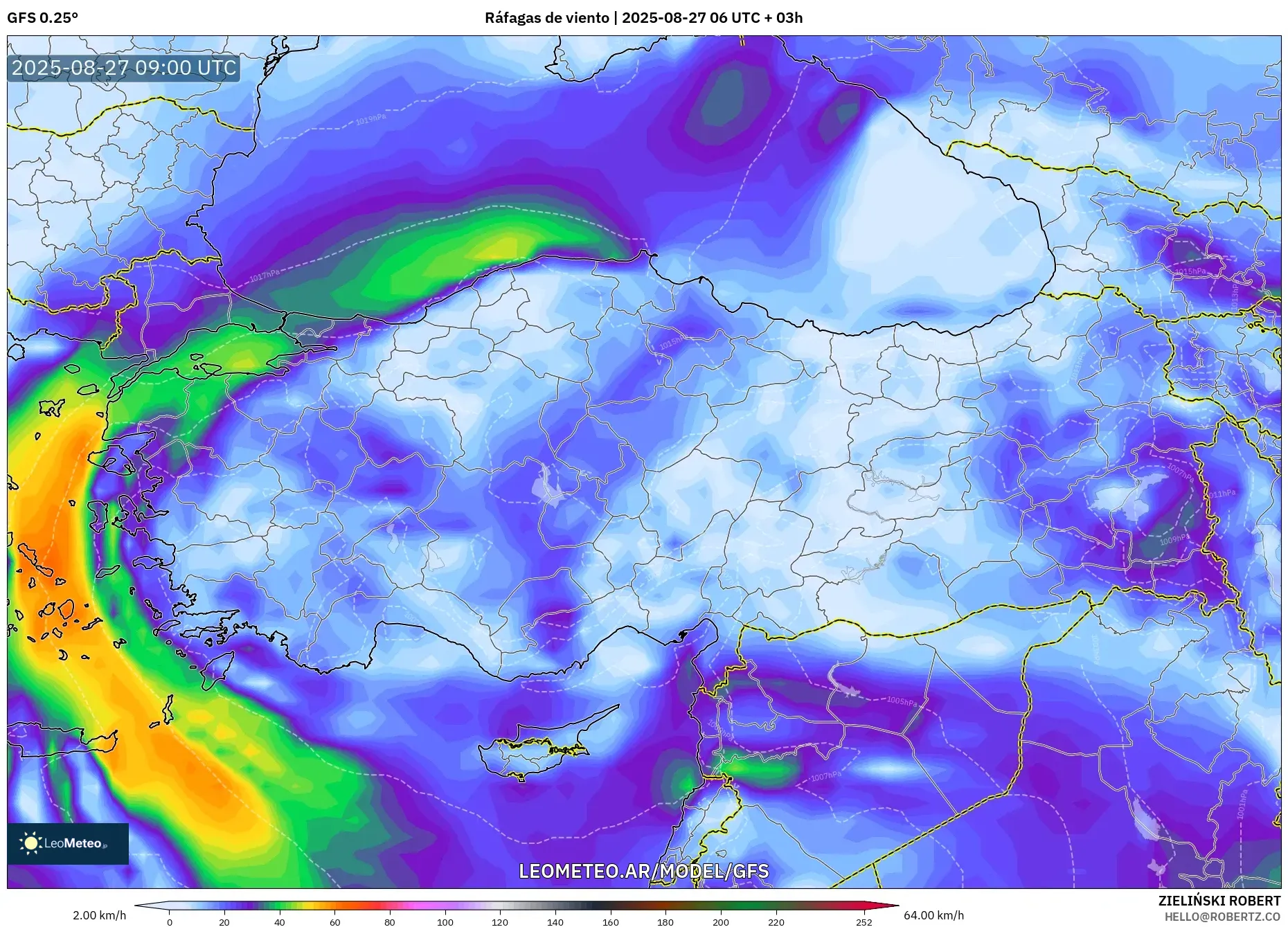 GFS model - Turquía, Ráfagas de viento GFS model - Turquía, Ráfagas de viento