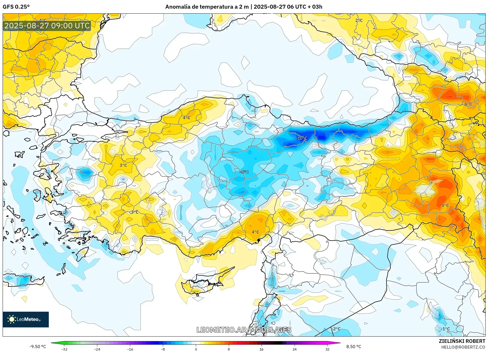 GFS model - Turquía, Anomalía de temperatura a 2 m GFS model - Turquía, Anomalía de temperatura a 2 m