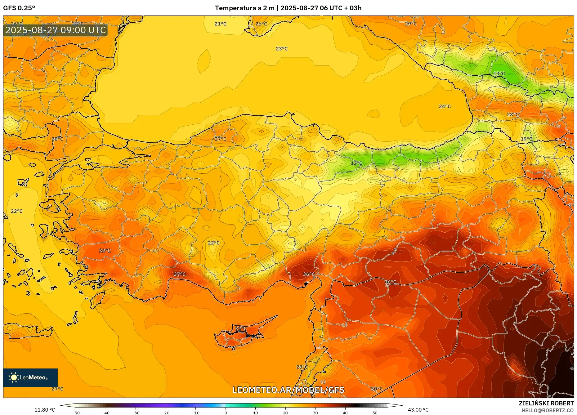 GFS model - Turquía, Temperatura a 2 m GFS model - Turquía, Temperatura a 2 m