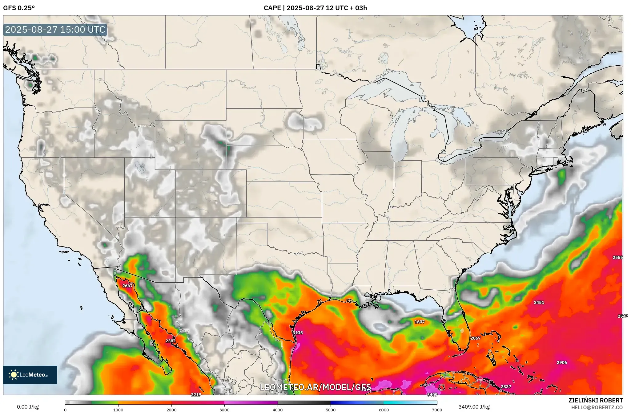 GFS model - Estados Unidos, CAPE GFS model - Estados Unidos, CAPE
