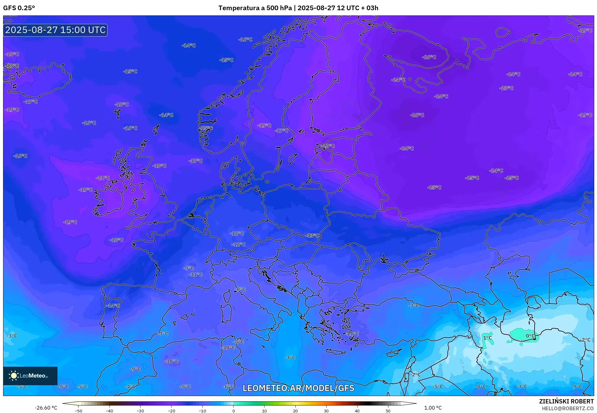 GFS model - Europa, Temperatura a 500 hPa GFS model - Europa, Temperatura a 500 hPa