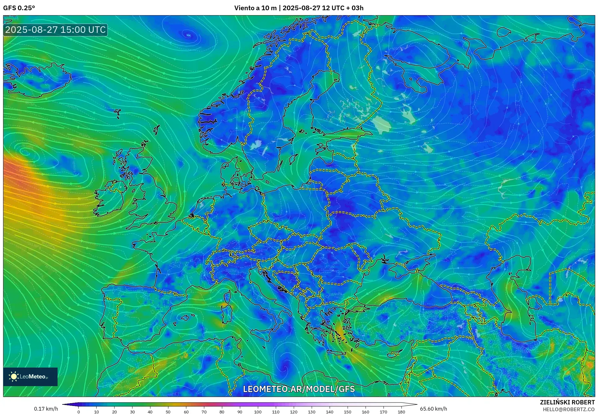 GFS model - Europa, Viento a 10 m GFS model - Europa, Viento a 10 m